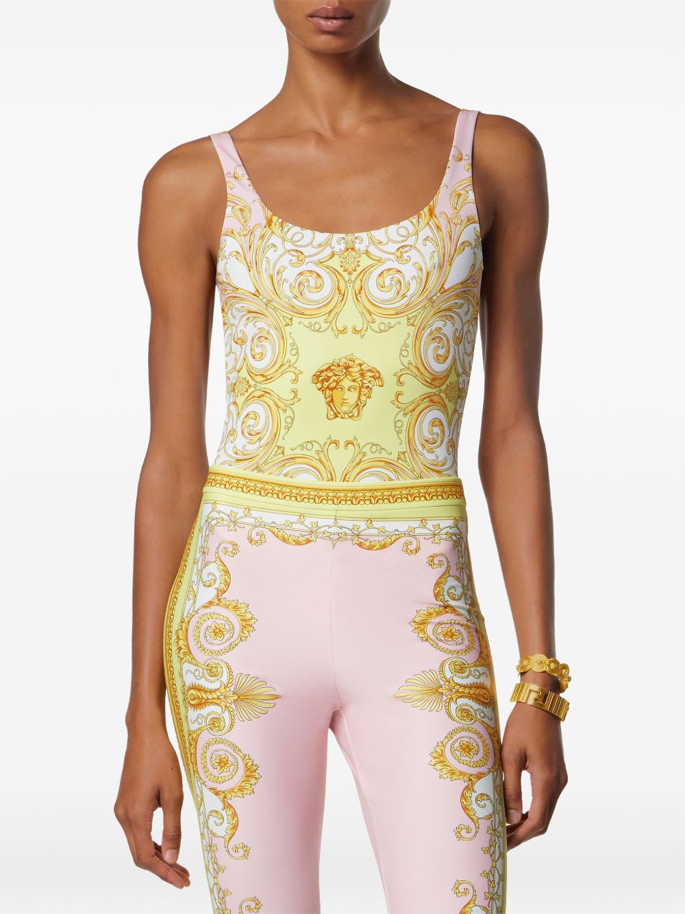 Versace Multicolor One-piece Swimsuit With All-over Medusa Print In Stretch Fabric Woman In Gold