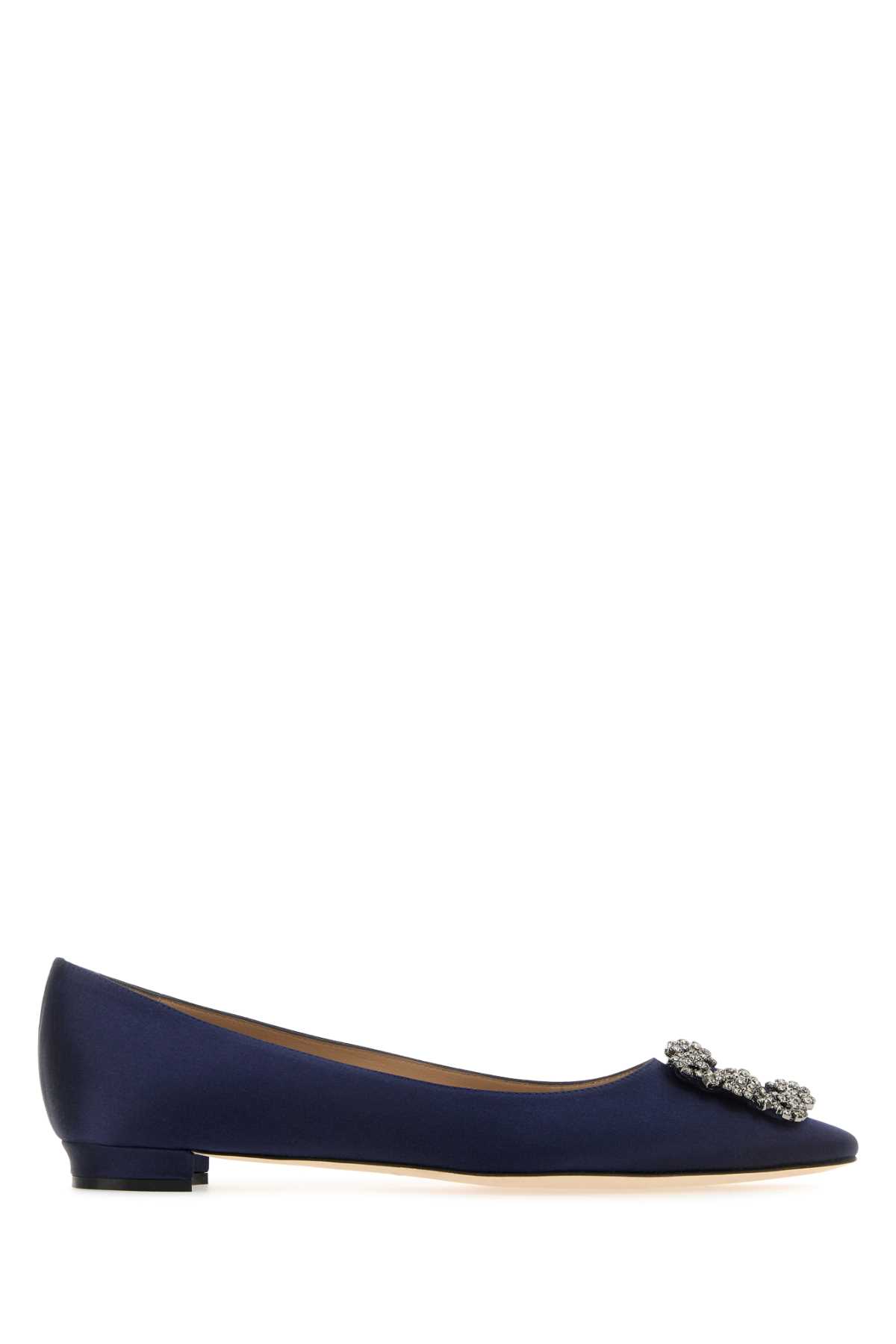 Shop Manolo Blahnik Navy Blue Satin Hangisi Ballerinas