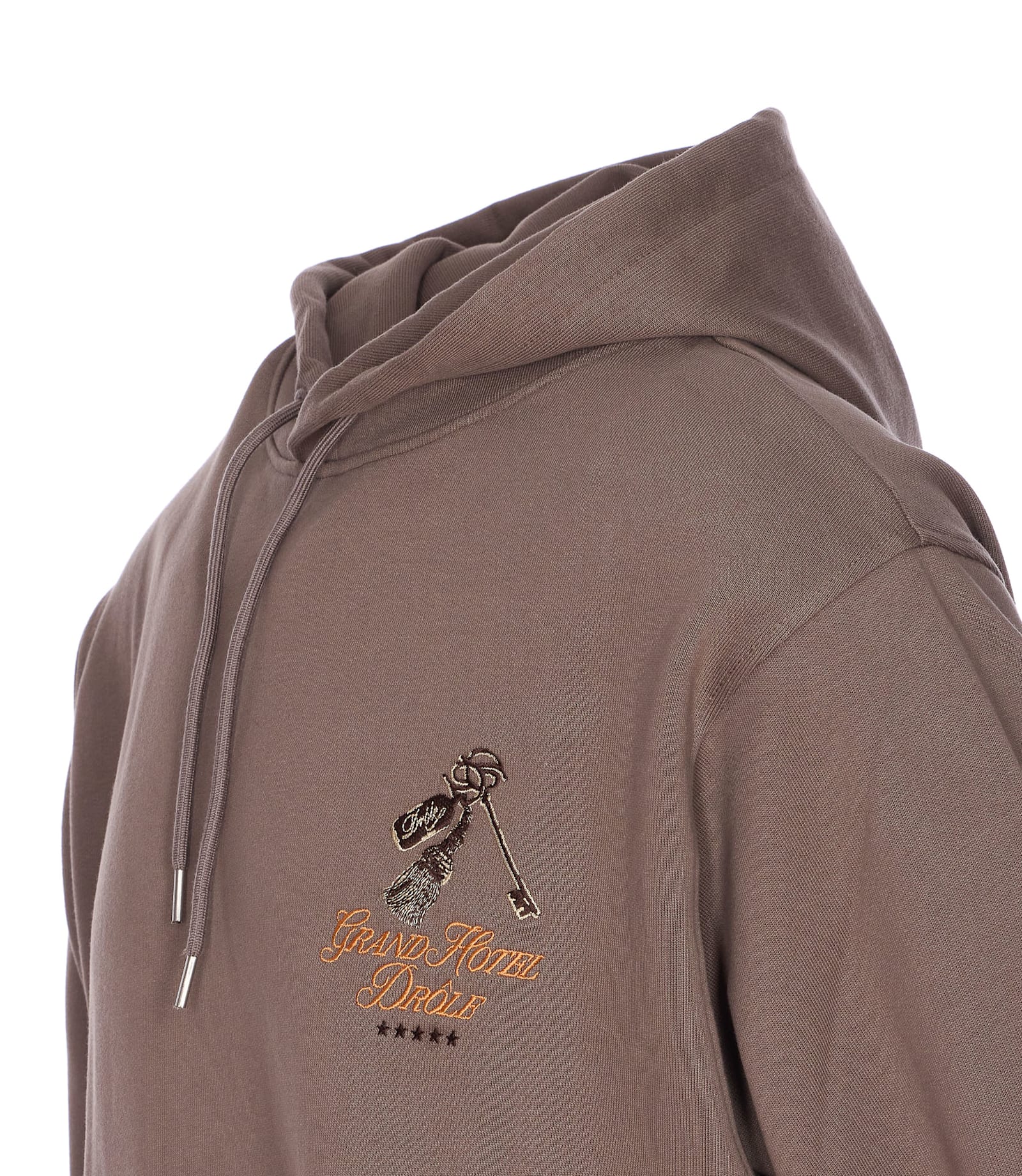 Drôle De Monsieur Hooded Sweater With Embroidered Detail And Front Pocket In Brown