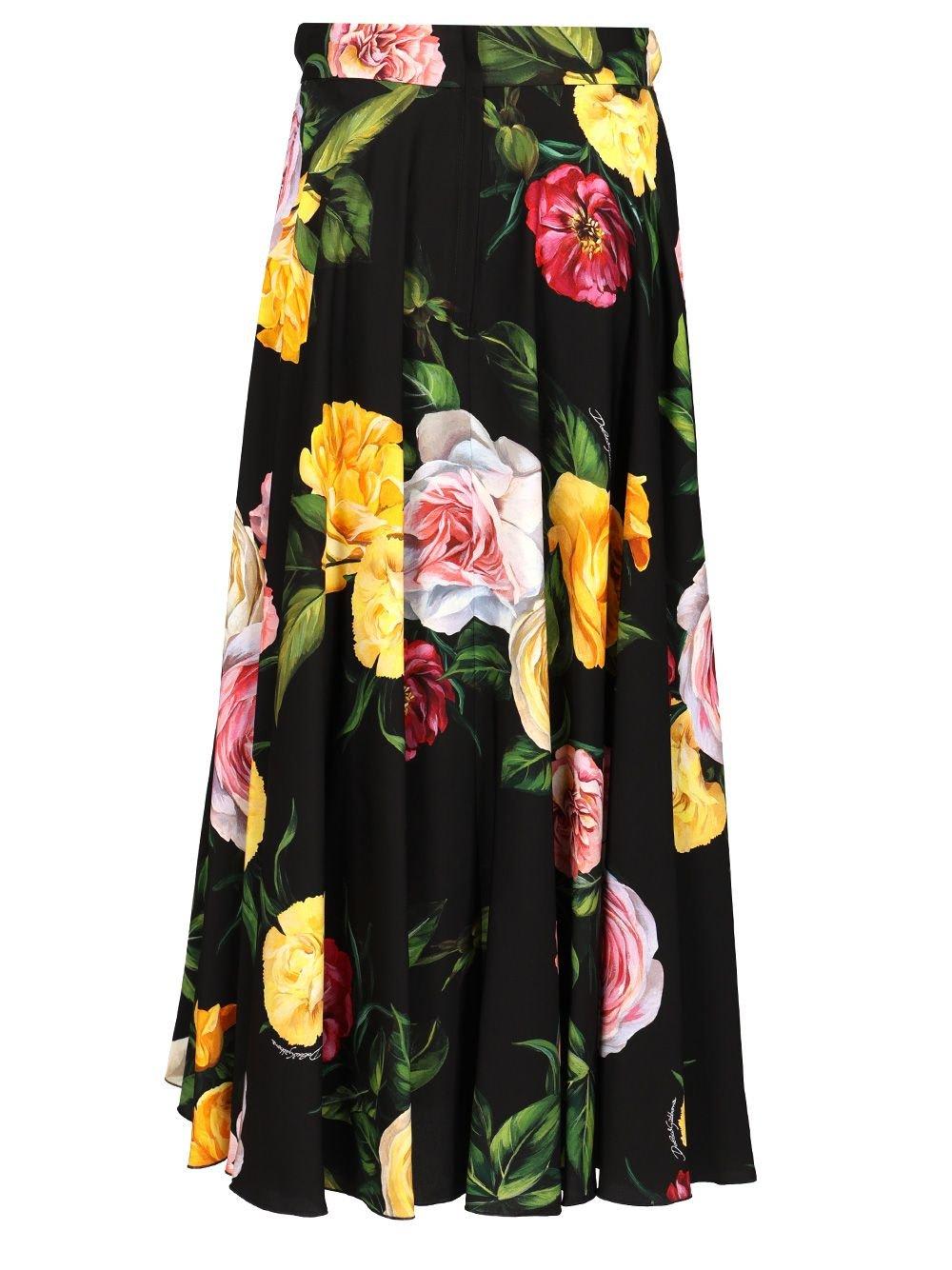 Dolce & Gabbana Floral Print Charmeuse Midi Skirt In Nero E Rosa