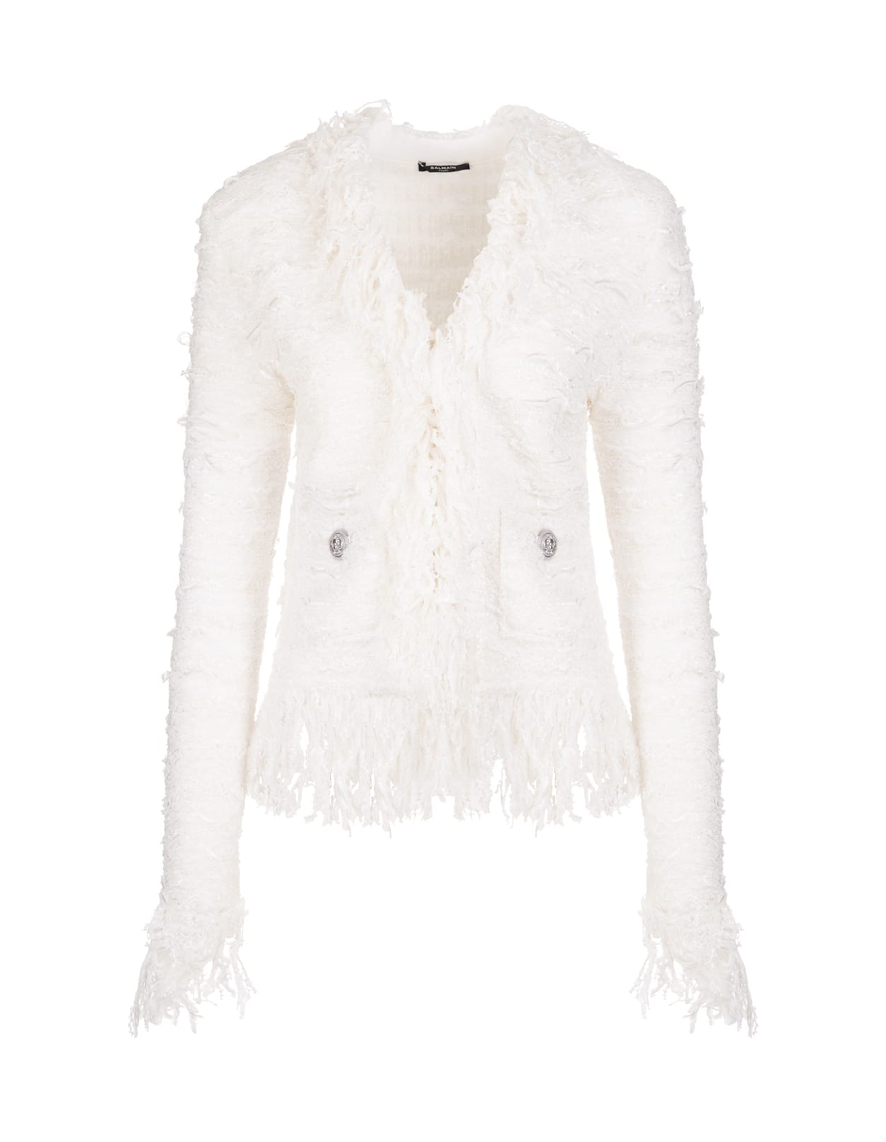 Balmain Woman Jacket In White Tweed With Silver Embossed Buttons