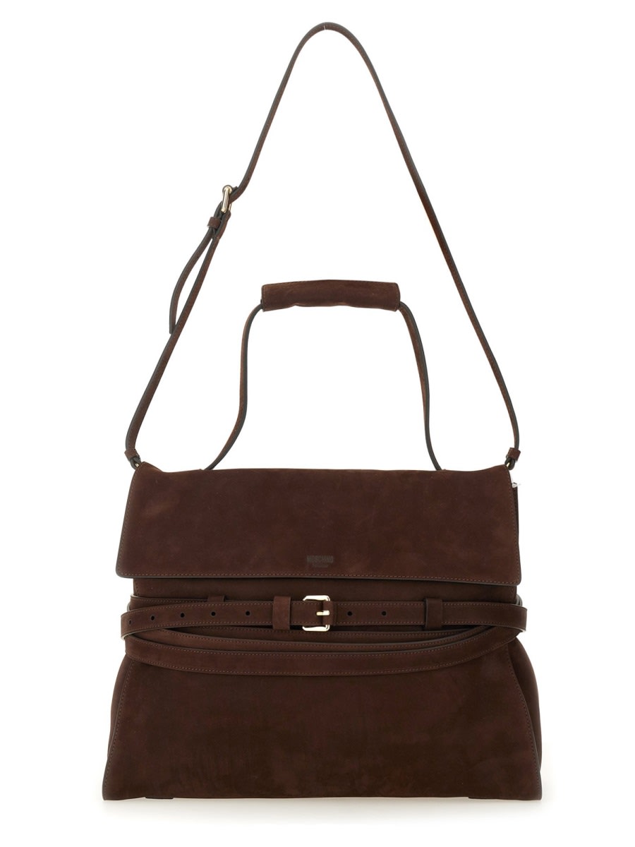 Moschino Buckle Nubuck Leather Tote Bag In Brown