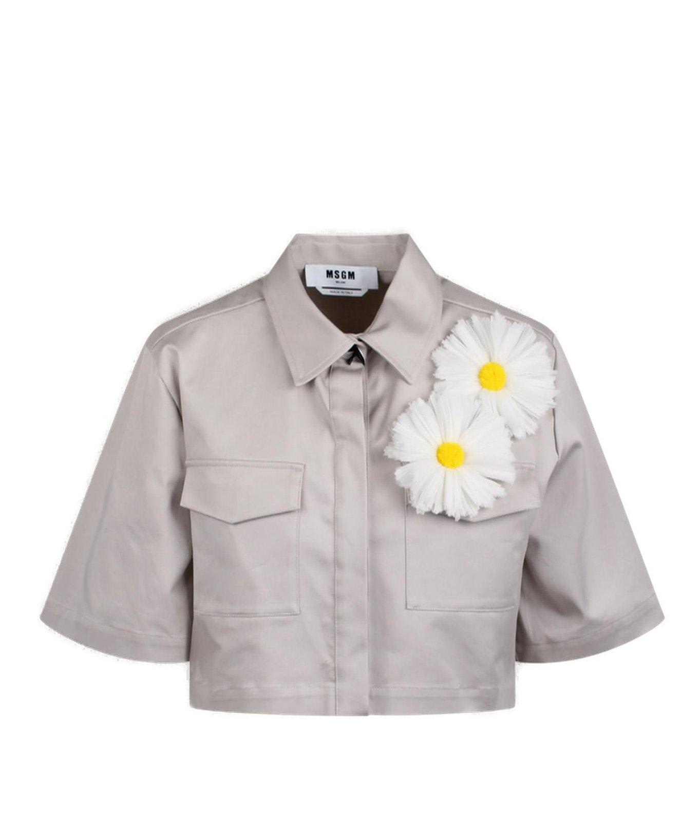 Shop Msgm Floral Detailed Cropped Shirt In Grey