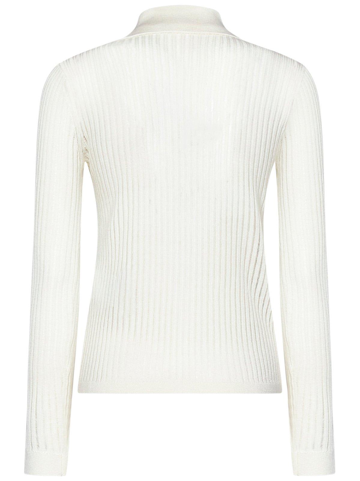 Max Mara Long-sleeved White Silk And Wool Knit Polo In White