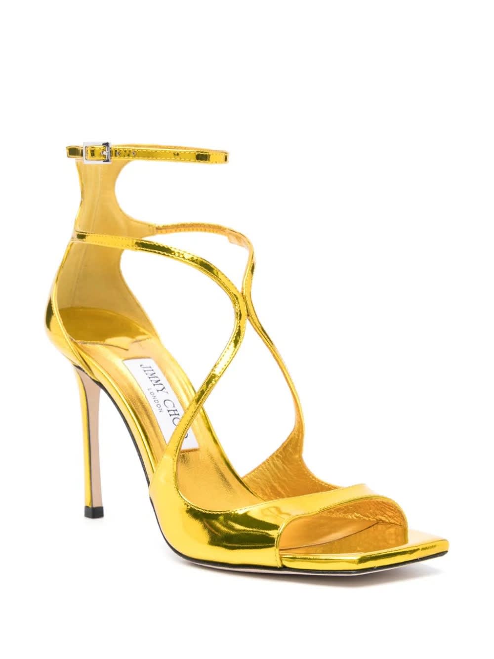 Shop Jimmy Choo Citrine Liquid Metal Leather Azia 95 Sandals In Yellow