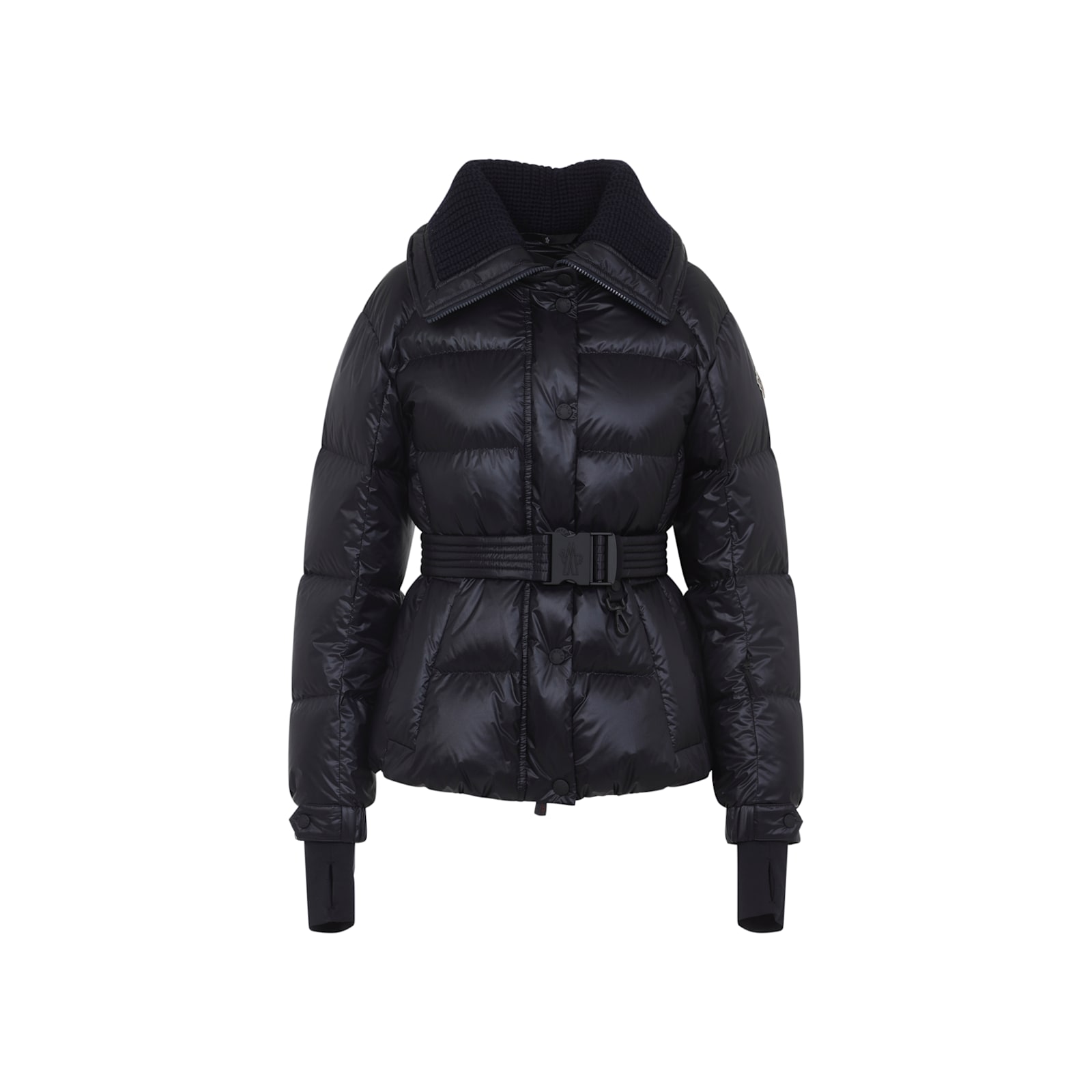 Moncler Puffer Jacket With Belted Waist And High Collar In Black