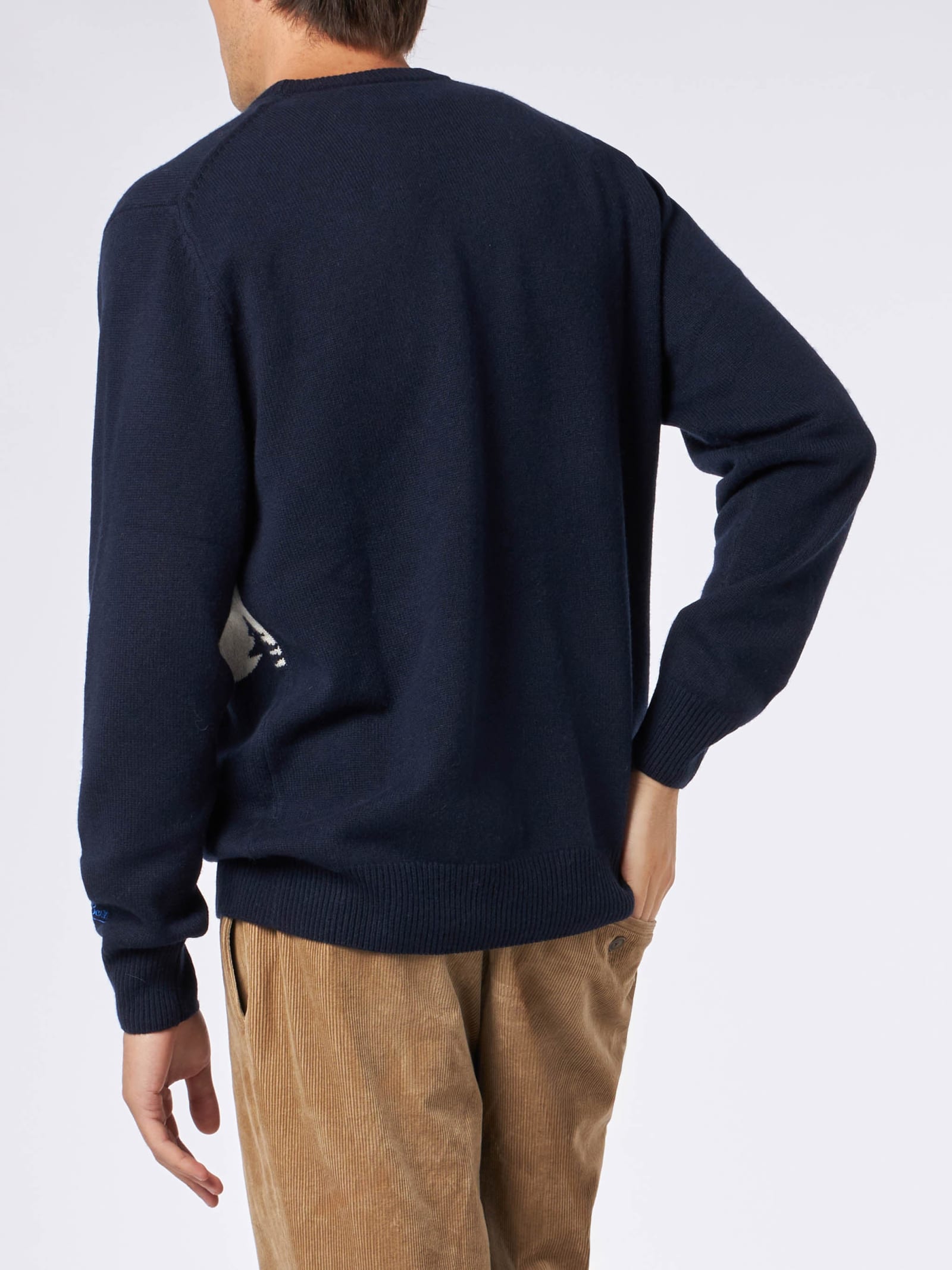 Shop Mc2 Saint Barth Man Crewneck Sweater With Cervinia Postcard Jacquard Print In Blue