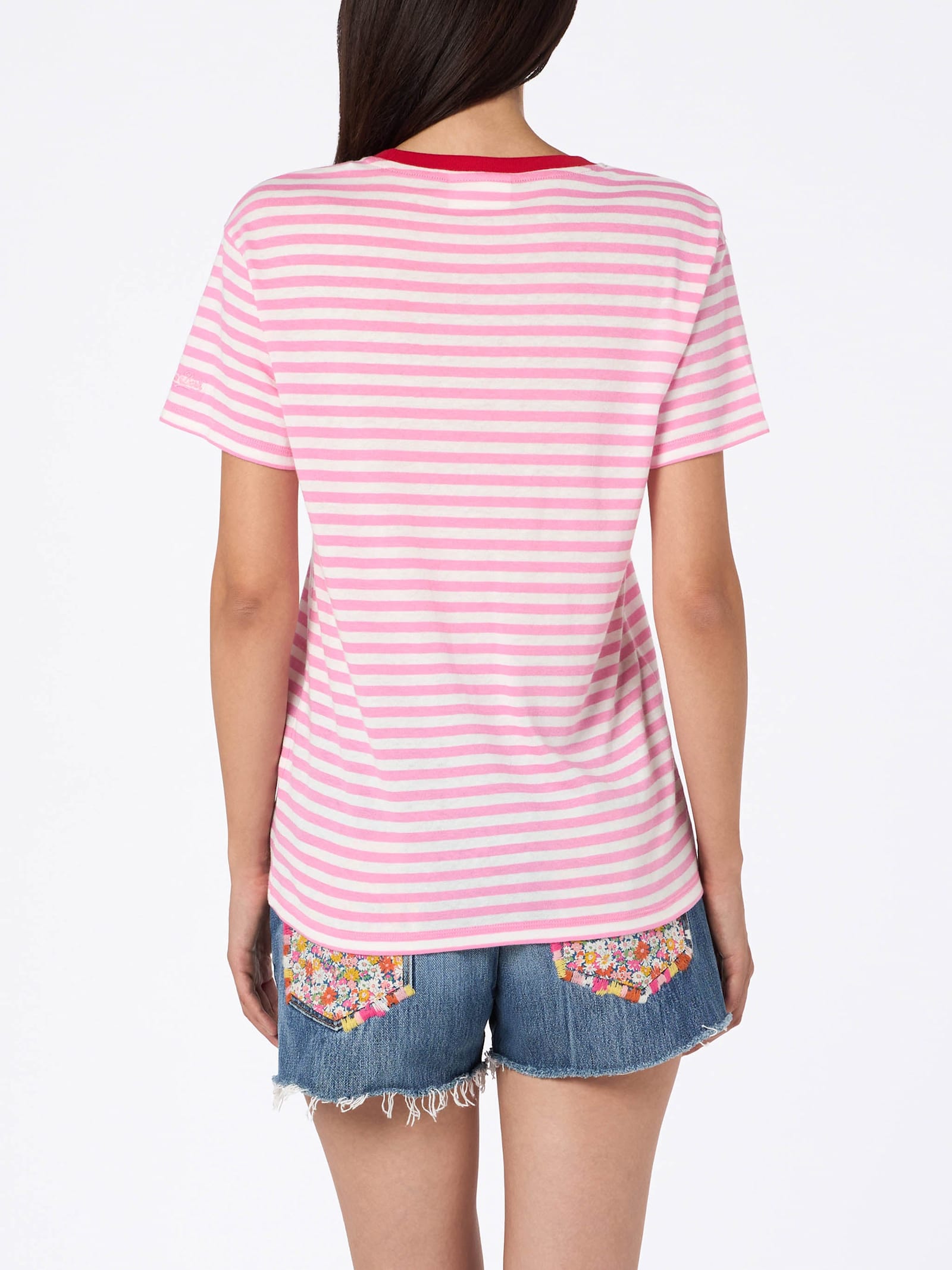 Mc2 Saint Barth Woman Striped Cotton Jersey Crewneck T-shirt Emiilie With Summer Lover Embroidery In Pink