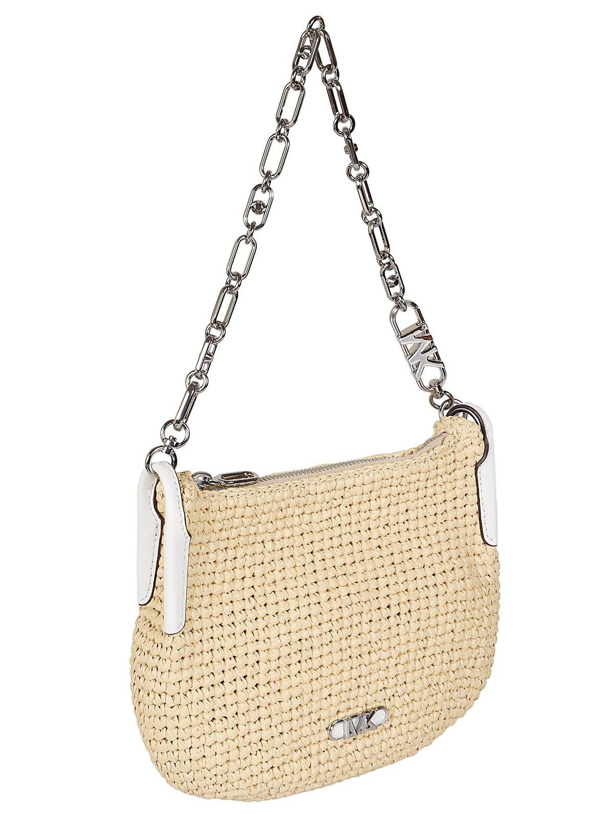Shop Michael Kors Kendall Small Straw Shoulder Bag In Natural Optic White