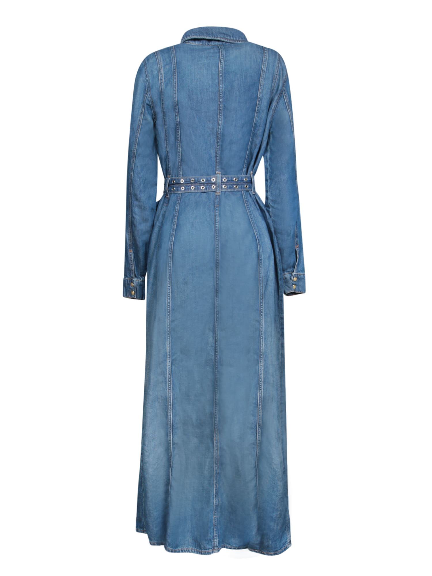Ganni Blue Long Dress With Adjustable And Removable Waist Belt In Cotton Blend Woman In Blu