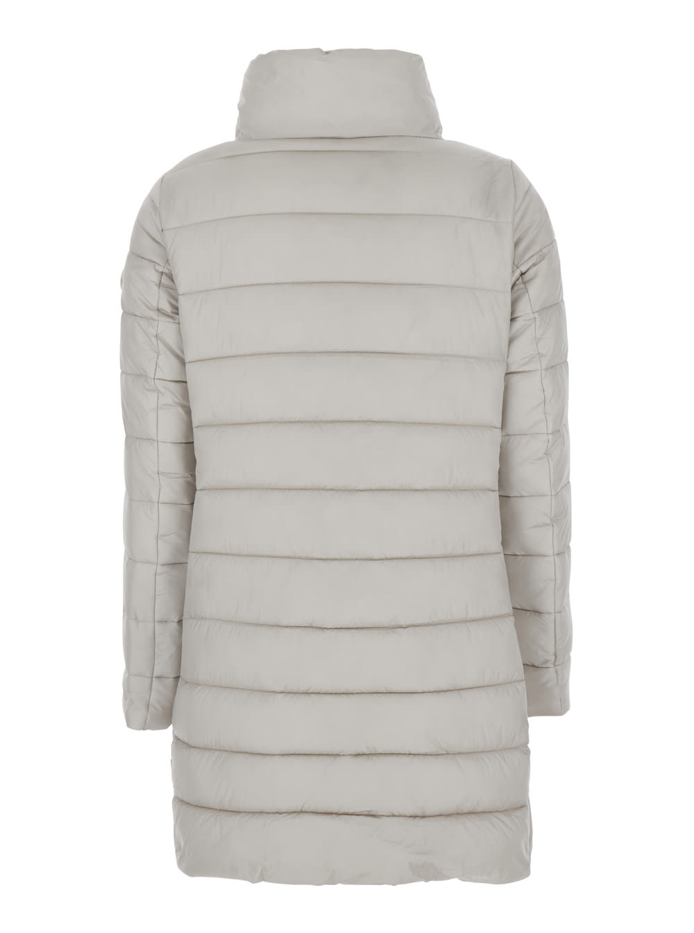 Save The Duck Lydia Beige Down Jacket With High Neck And Logo Patch On The Sleeve In Tech Fabric Woman In Gray