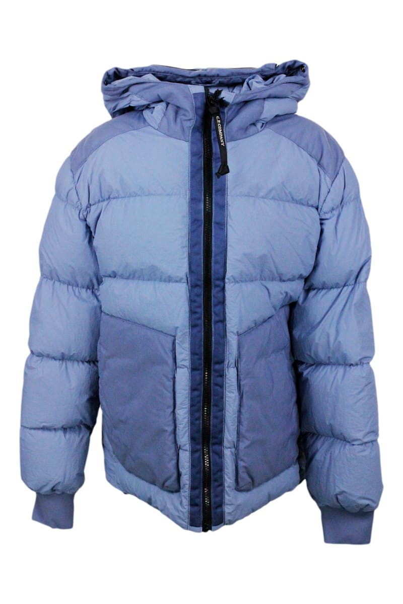 Shop C.p. Company Down Jacket In Real Goose Down In Taylon L Fabric In Garment Dyed. Full Zip Closure, Integrated Hood In Blu
