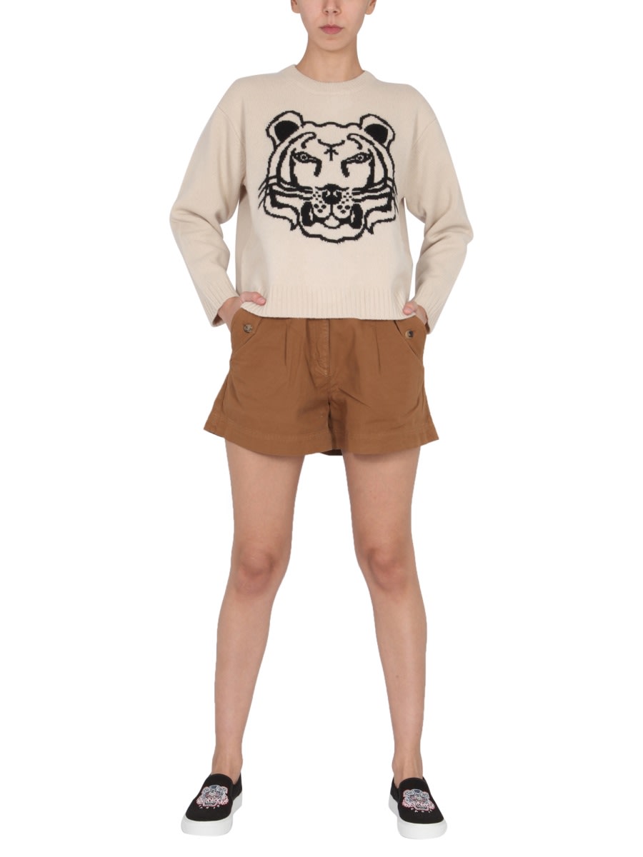 Shop Kenzo Cotton Bermuda With Wrapped Waist In Brown