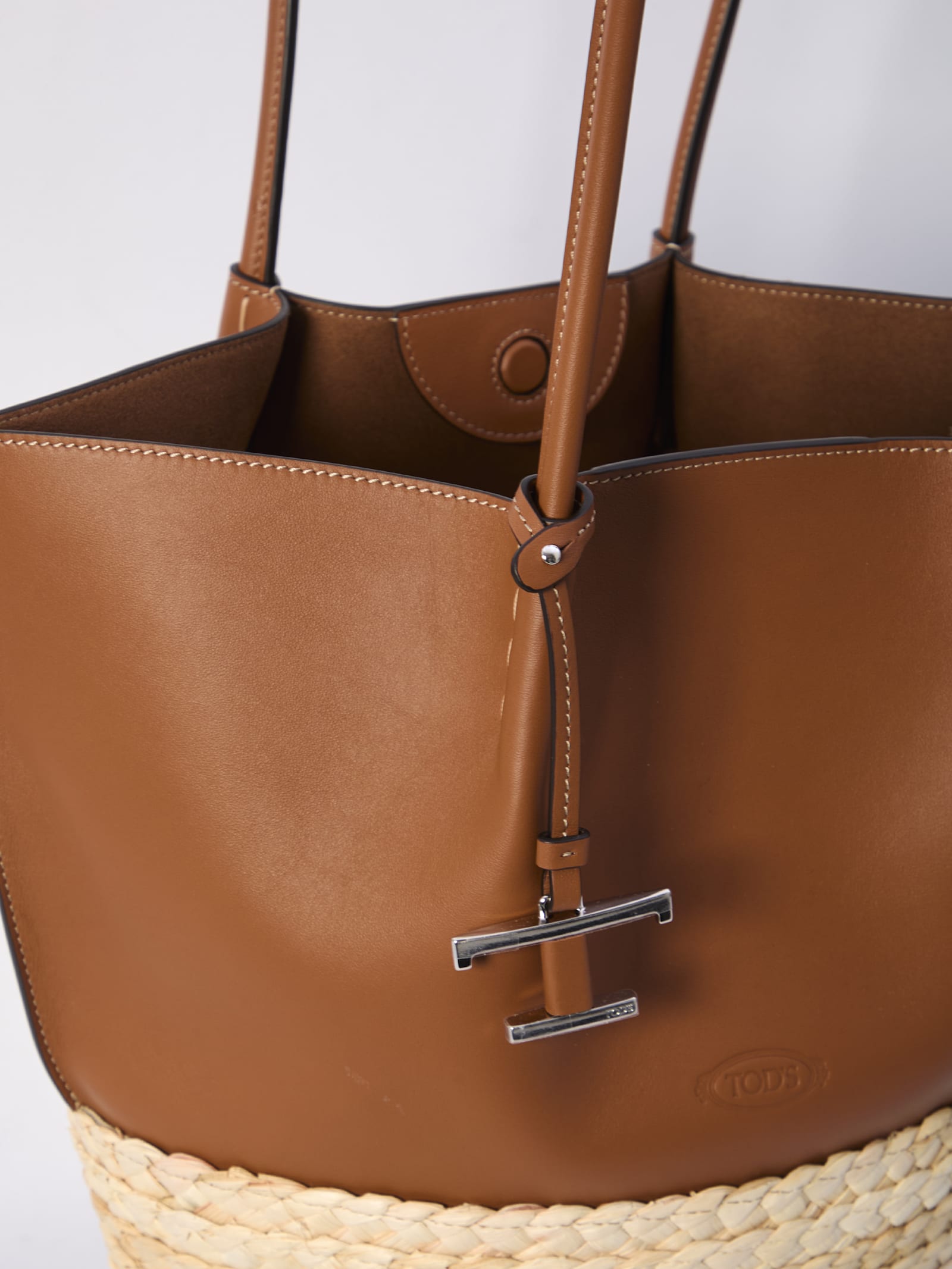 Tod's Medium Shopping Bag In Brown Leather And Raffia In Brown