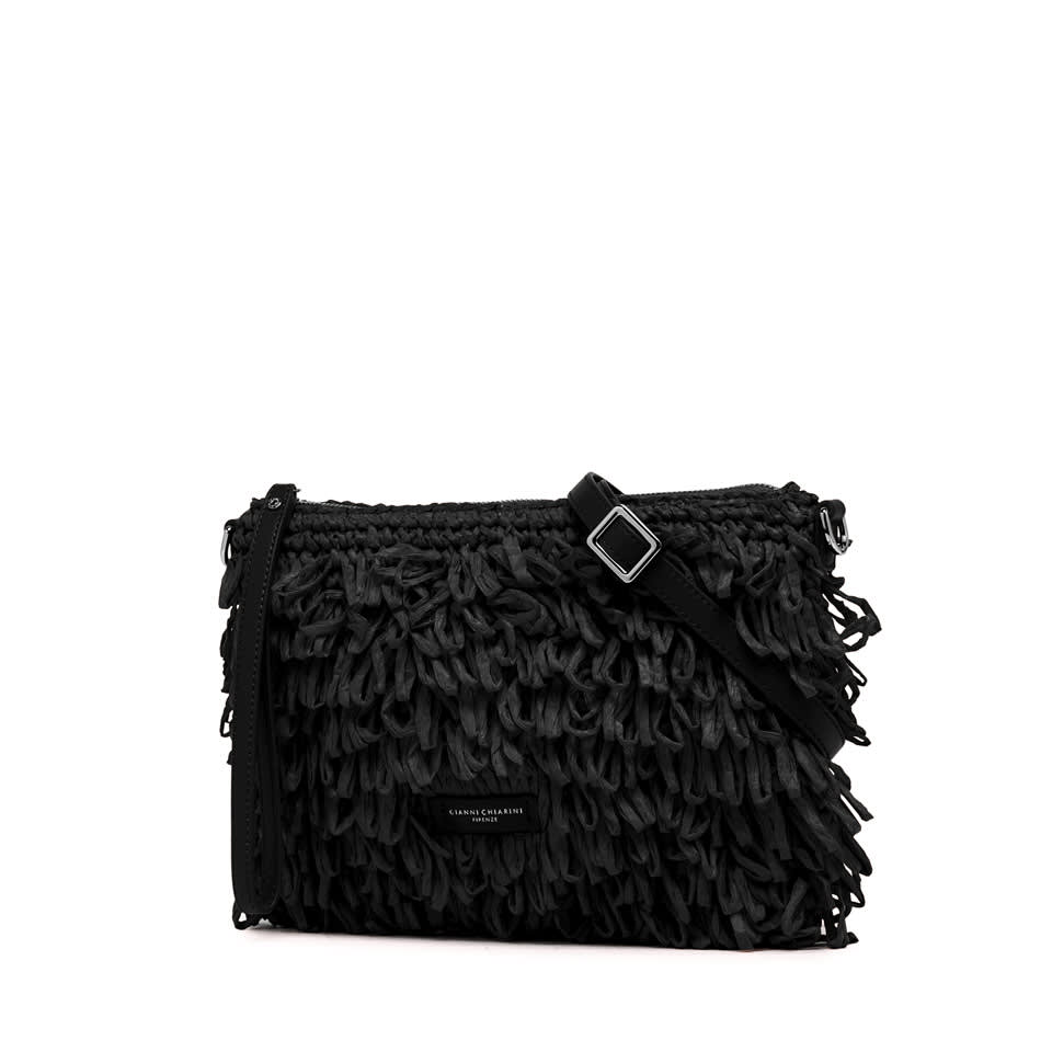 Gianni Chiarini Marcella Fabric Clutch With Raffia Curls In Nero