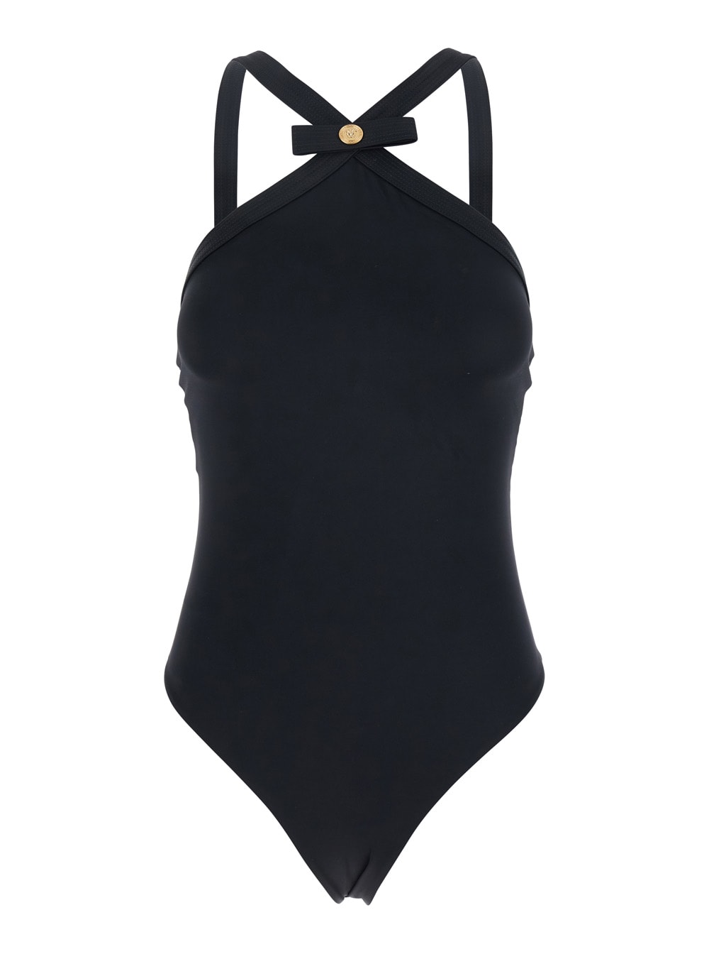 Black One-piece Swimsuit With Medusa Head Detail In Tech Fabric Woman