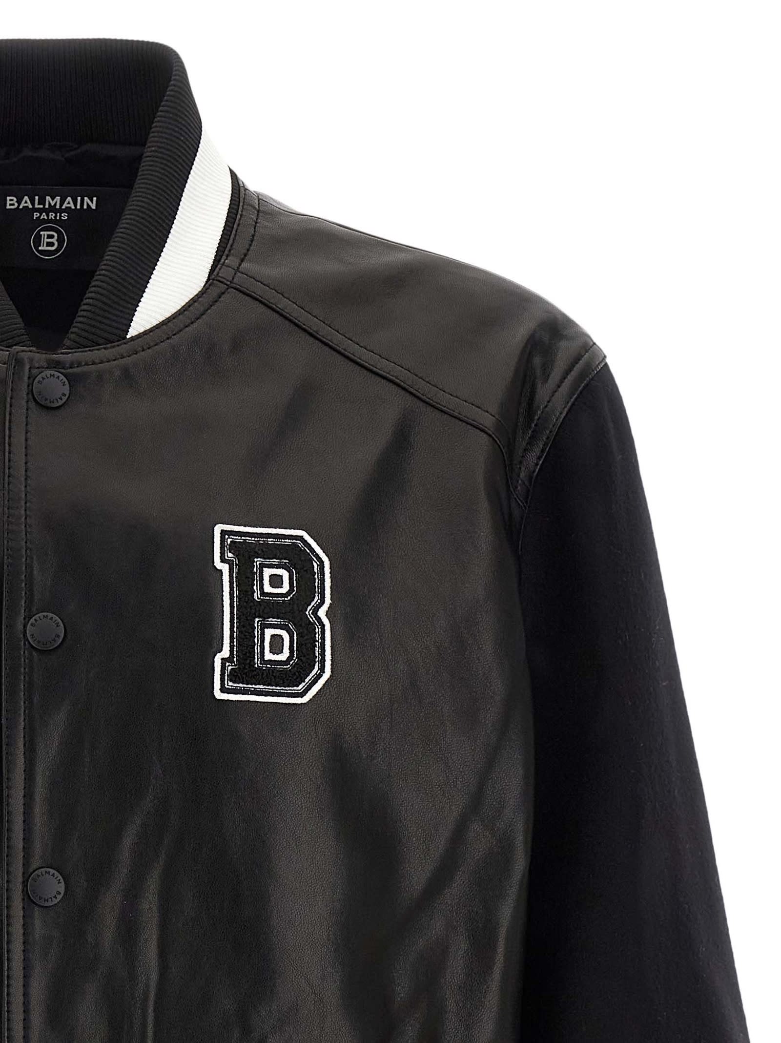 Balmain Varsity Leather Bomber Jacket In Black