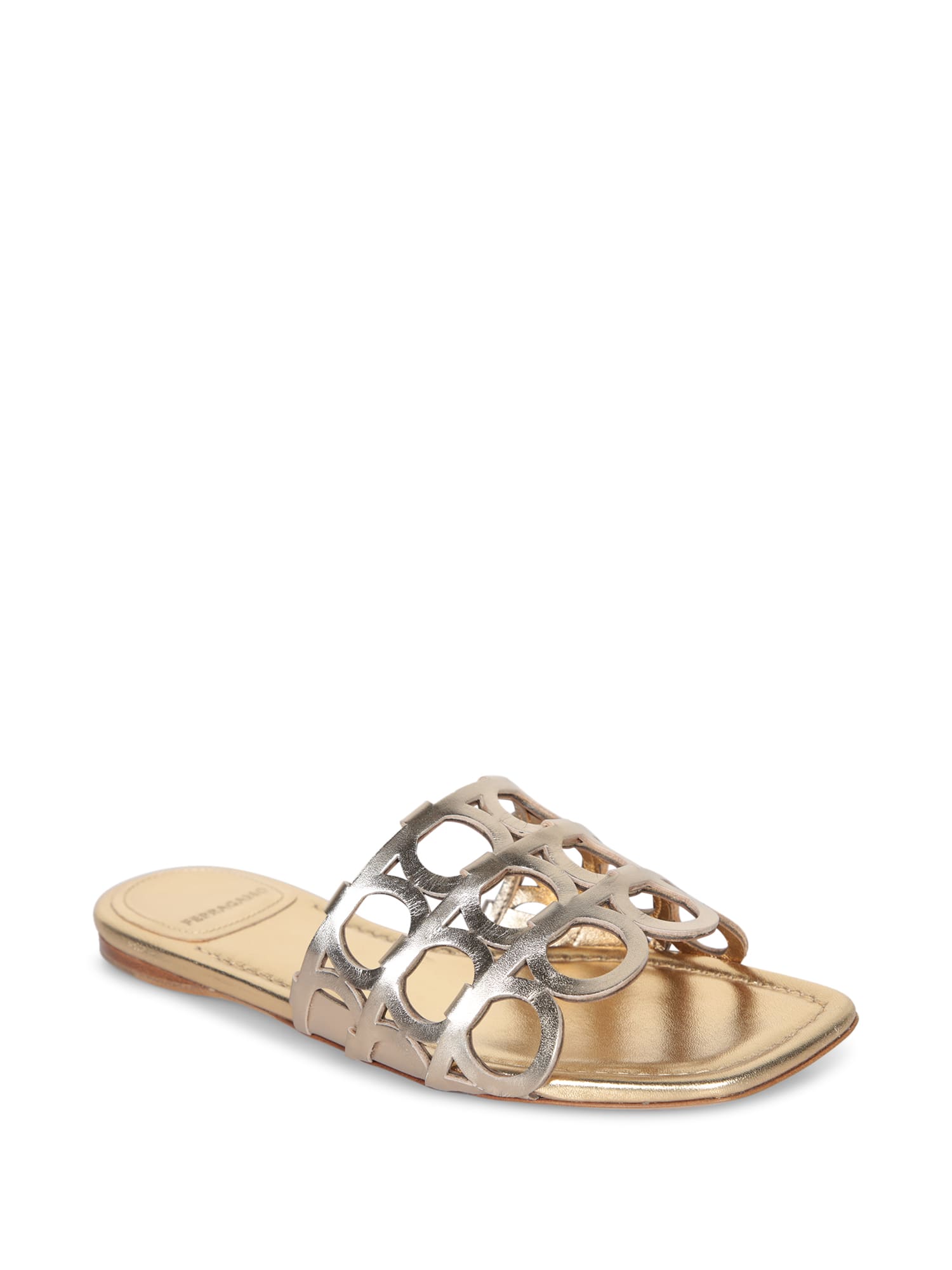 Ferragamo Erne Logo Monogram Metallic Leather Sandals