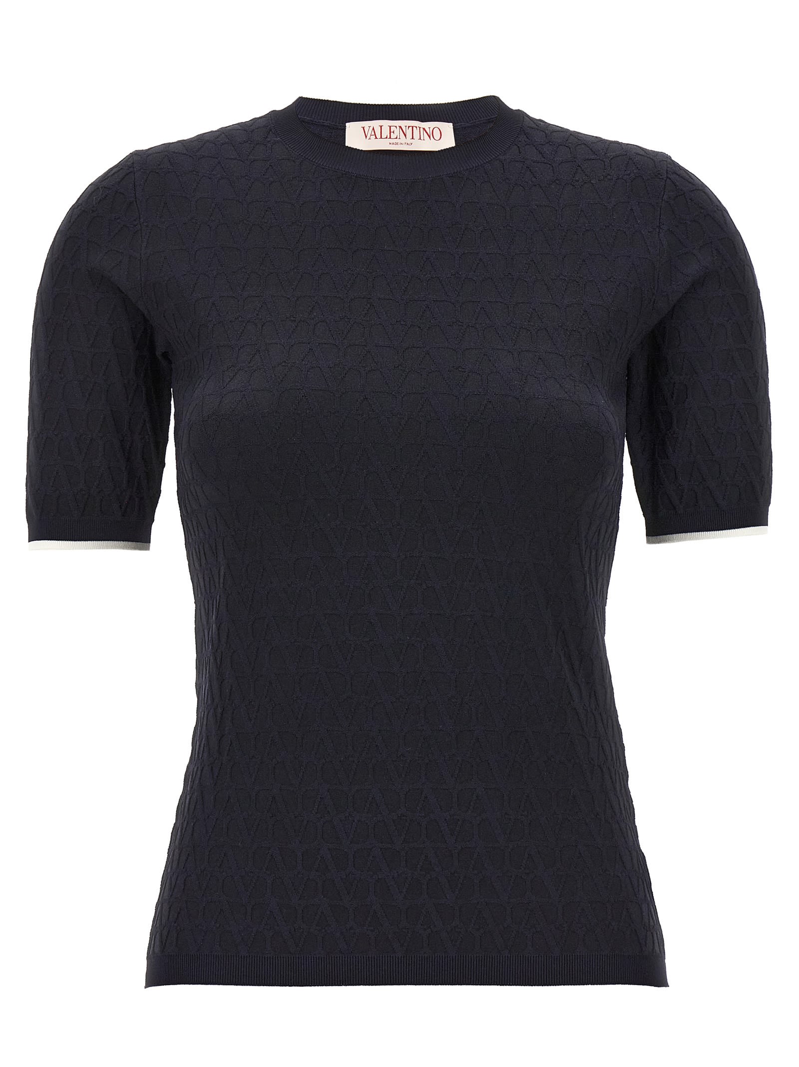 Valentino Iconographic Textured Knitwear Short Sleeves In Blue