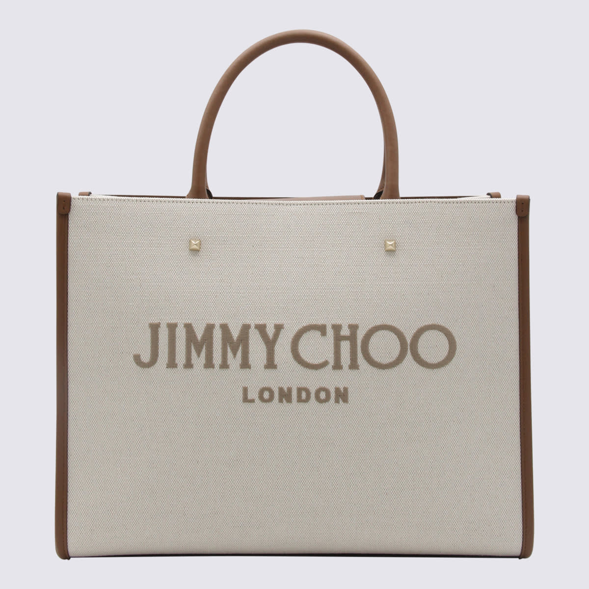 Shop Jimmy Choo Natural And Taupe Canvas Avenue Medium Tote Bag In Natural/taupe/dt/l