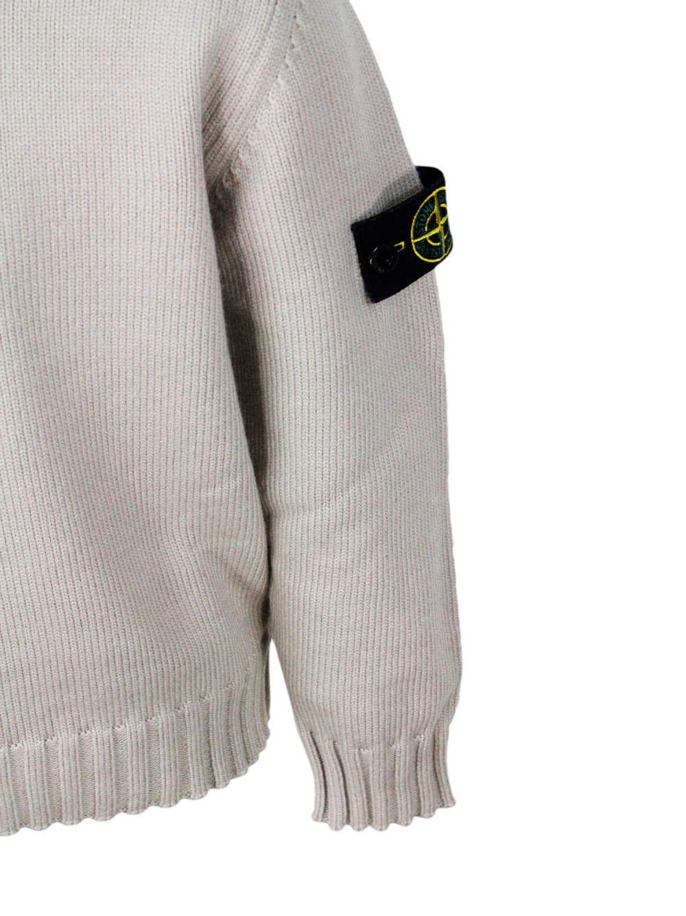 Stone Island Long-sleeved Round-neck Sweater In Warm Cotton With Badge On The Left Sleeve In Brown