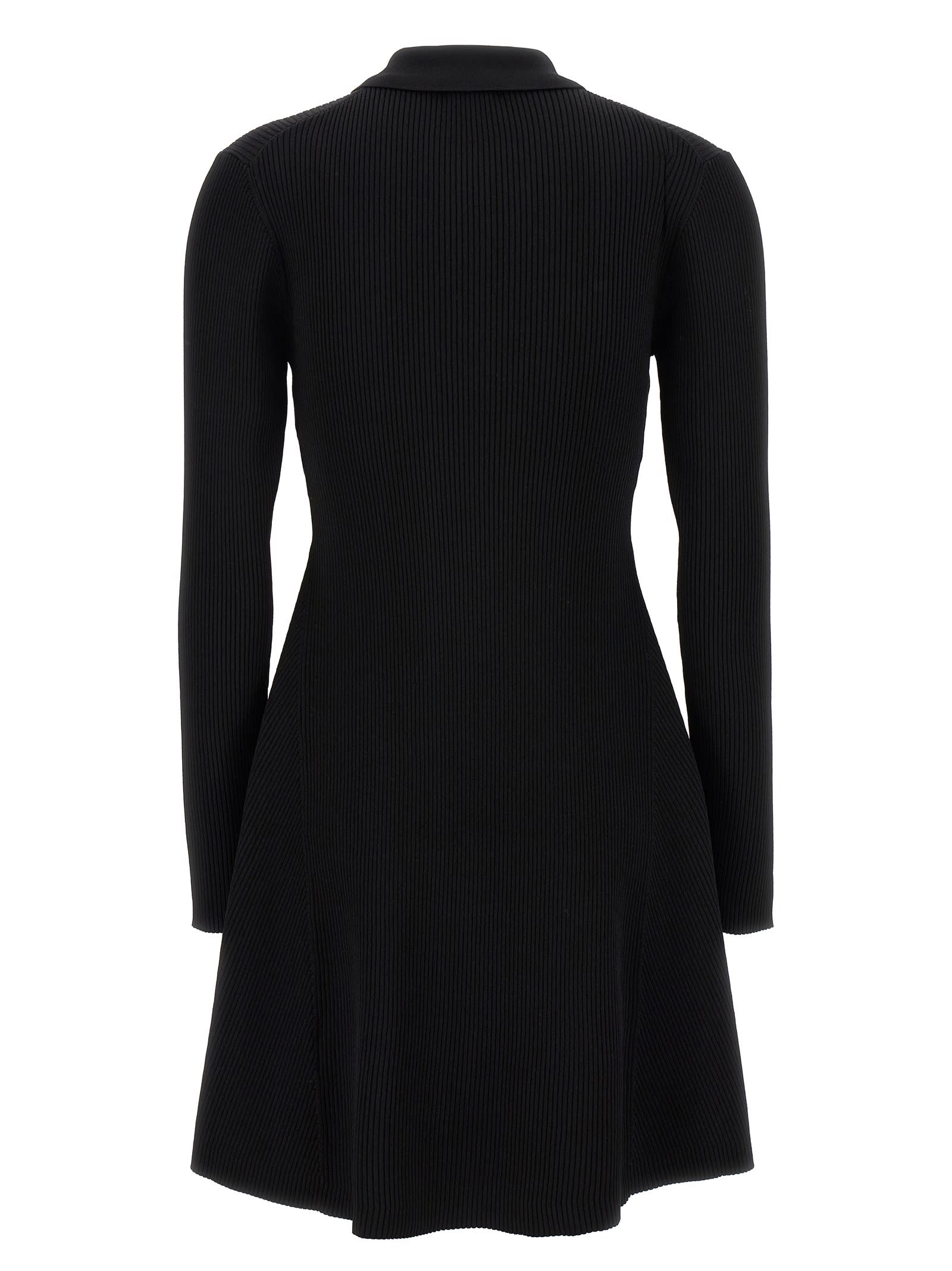 Shop Ganni Logo Embroidery Ribbed Dress In Black