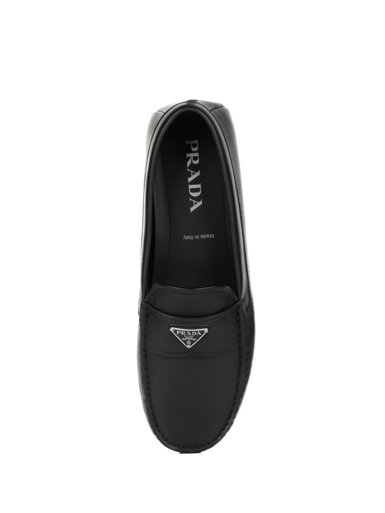 Prada Leather Moccasin With Logo In Nero