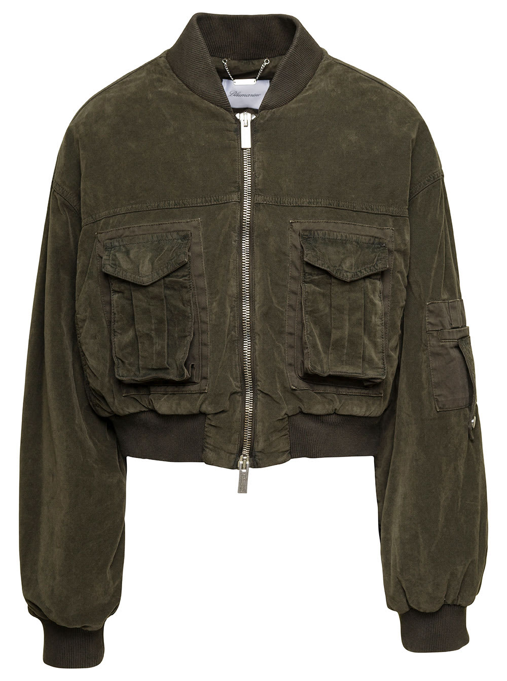 Shop Blumarine Green Cropped Bomber Jacket With Patch Pockets In Cotton Denim Woman