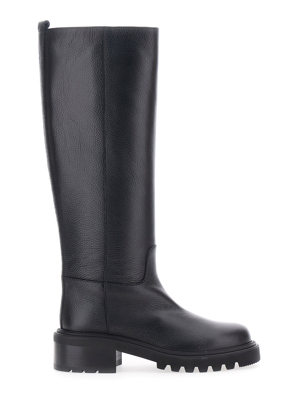 Black Knee-high Slip-on Boots In Grained Leather Woman