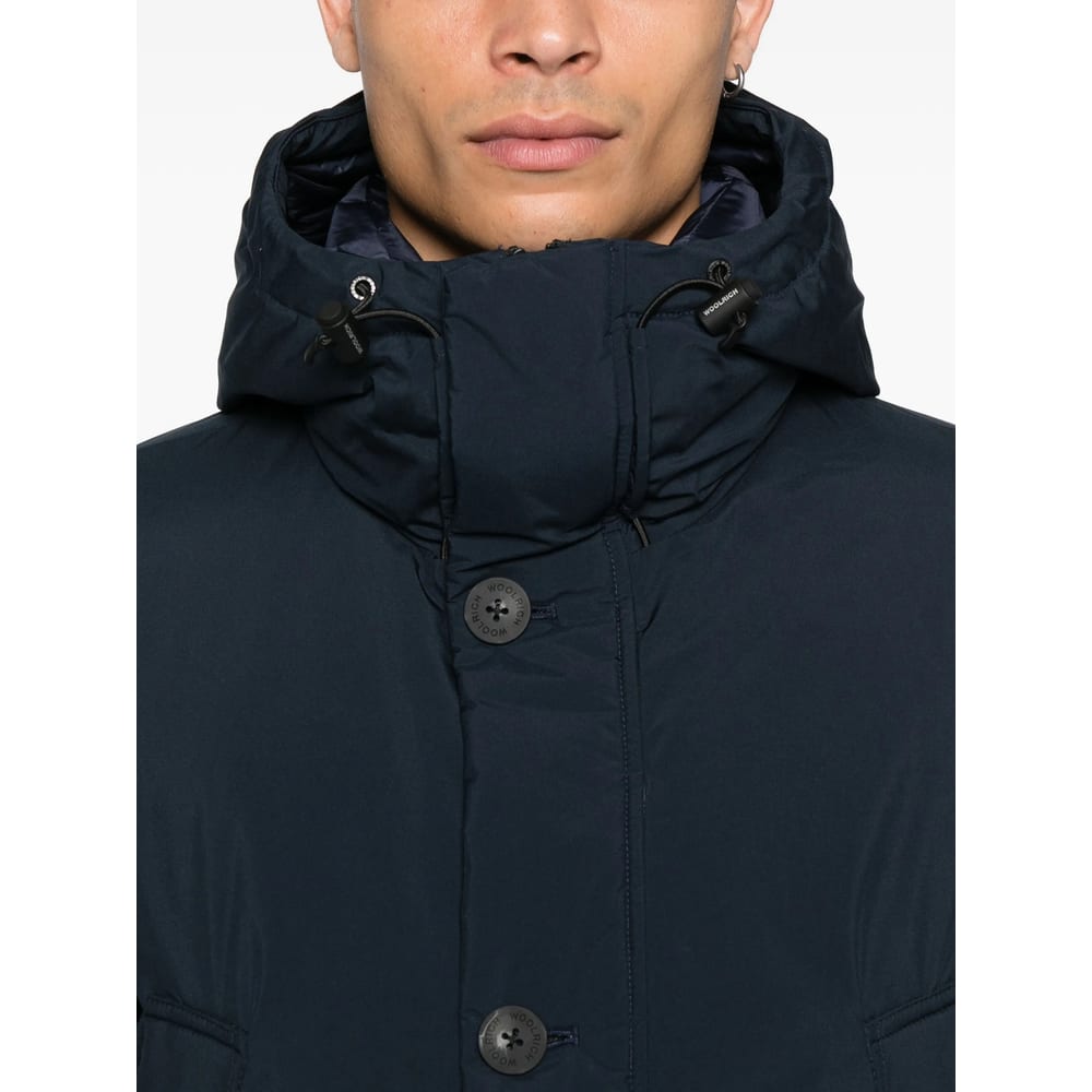 Woolrich Relaxed-fit Hooded Coat With Button Closure And Multiple Pockets In Blue