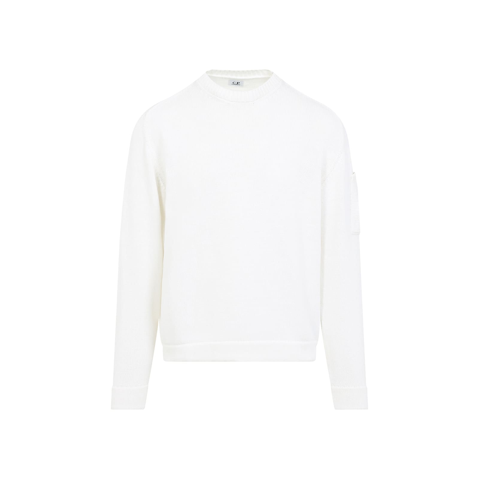 C.p. Company Crew Neck Sweater With Textured Finish And Logo Patch In Gauze White