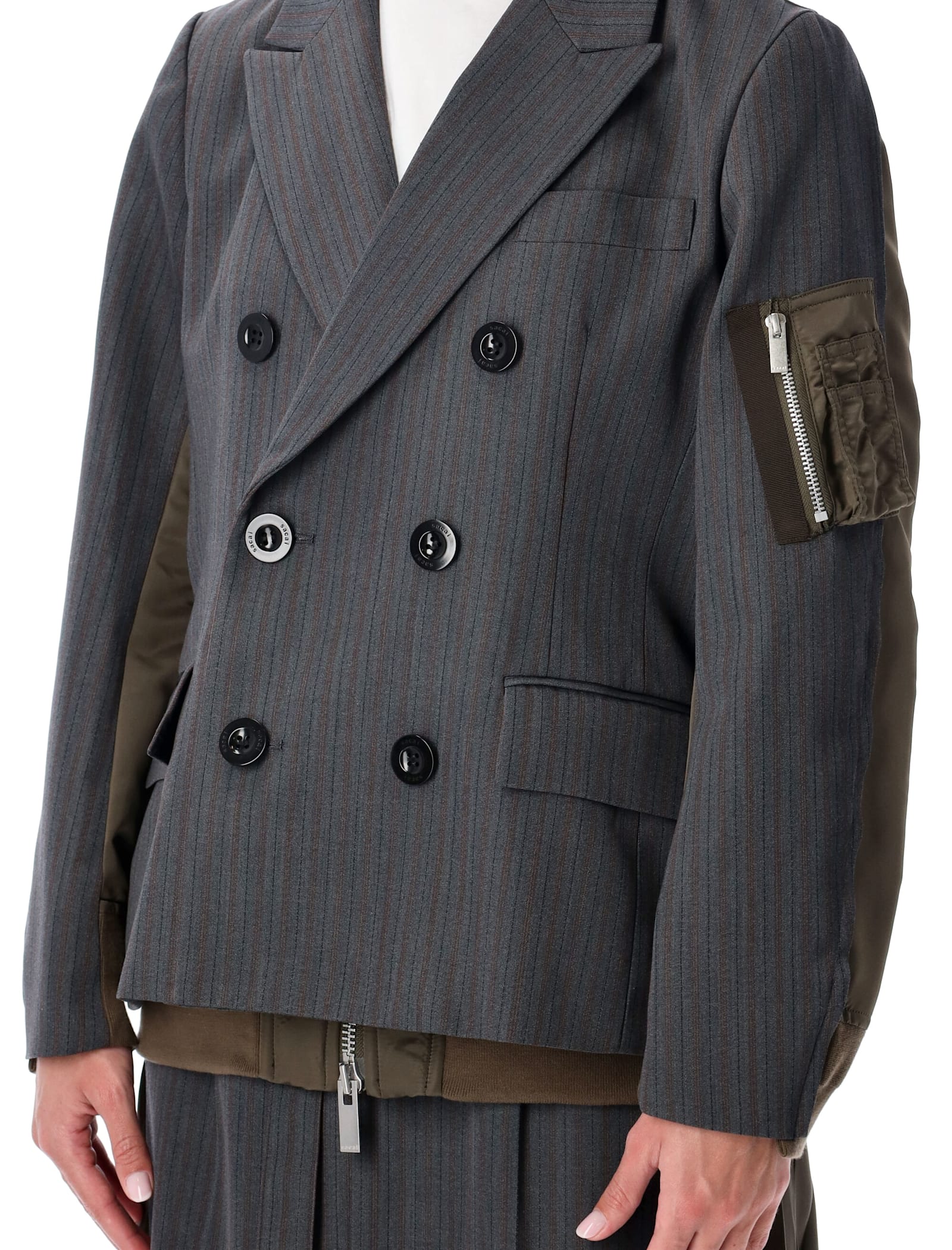 Sacai Wool And Twill Double-breasted Blazer In Gray