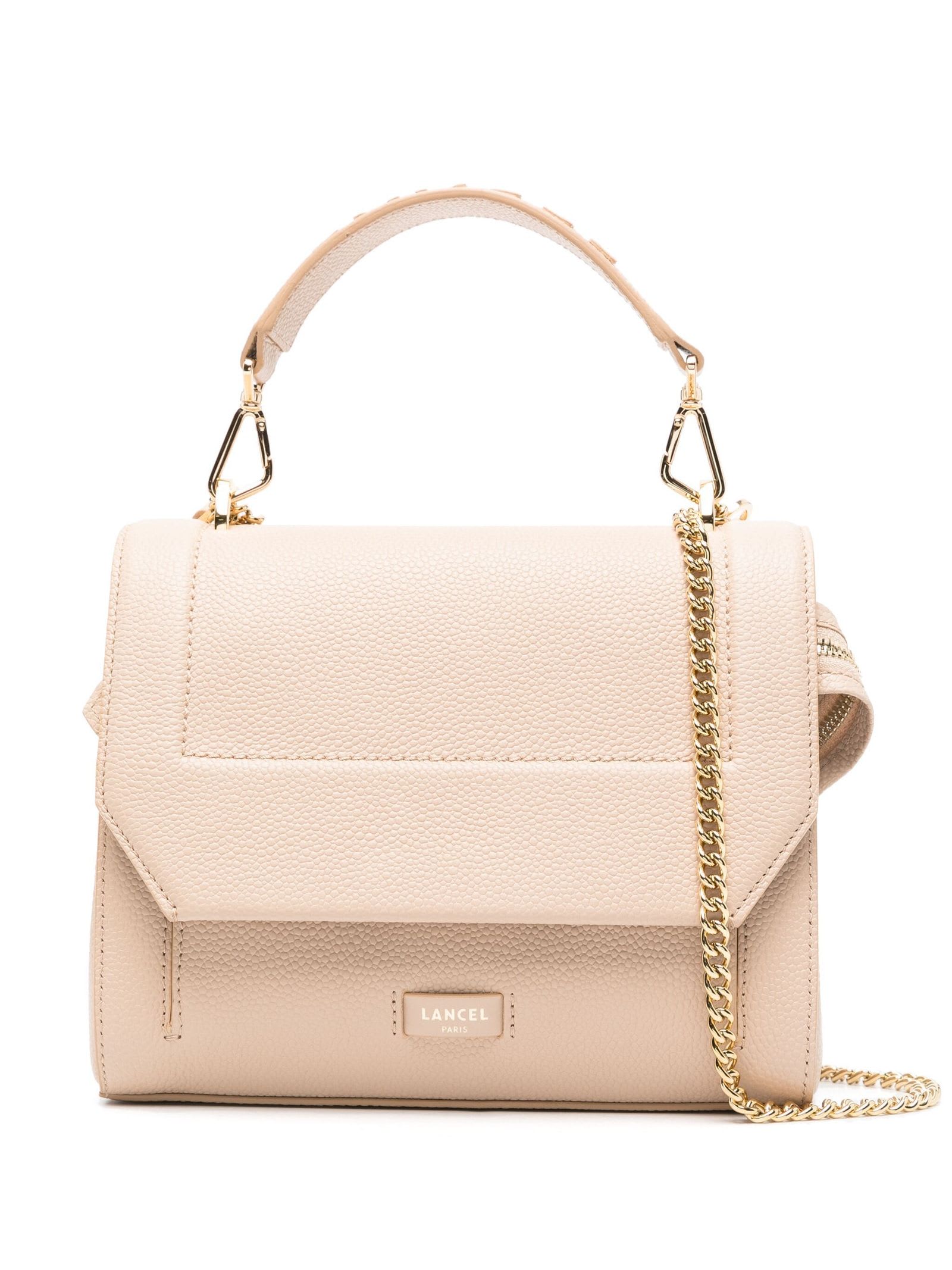 Beige Grained Leather Shoulder Bag