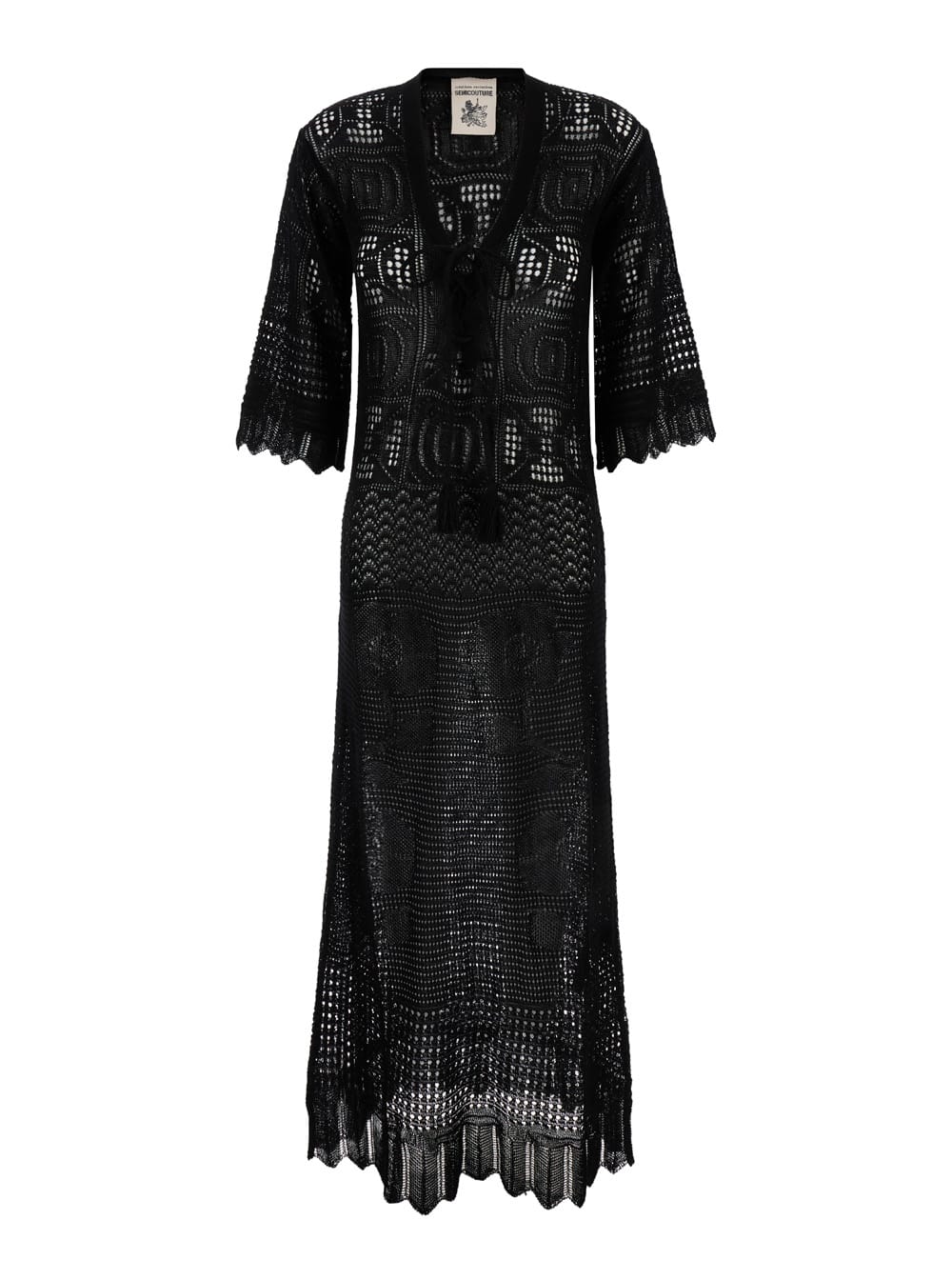 Shop Semicouture Long Black Dress With Lace-up Closure In Cotton Lace Woman
