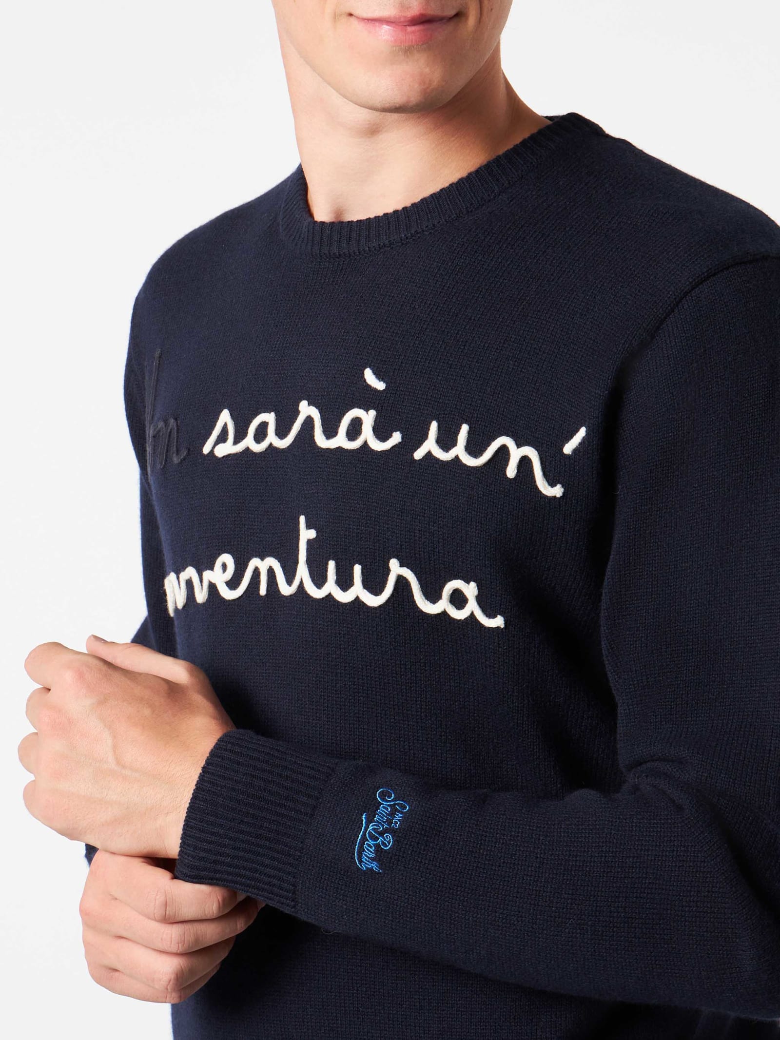 Shop Mc2 Saint Barth Man Crewneck Sweater With Non Sarà Unavventura Embroidery Niki Dj Special Edition In Blue