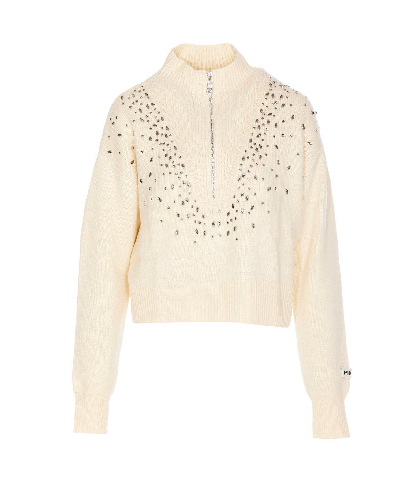 Shop Pinko Bombay Embellished Half-zipped Jumper In White