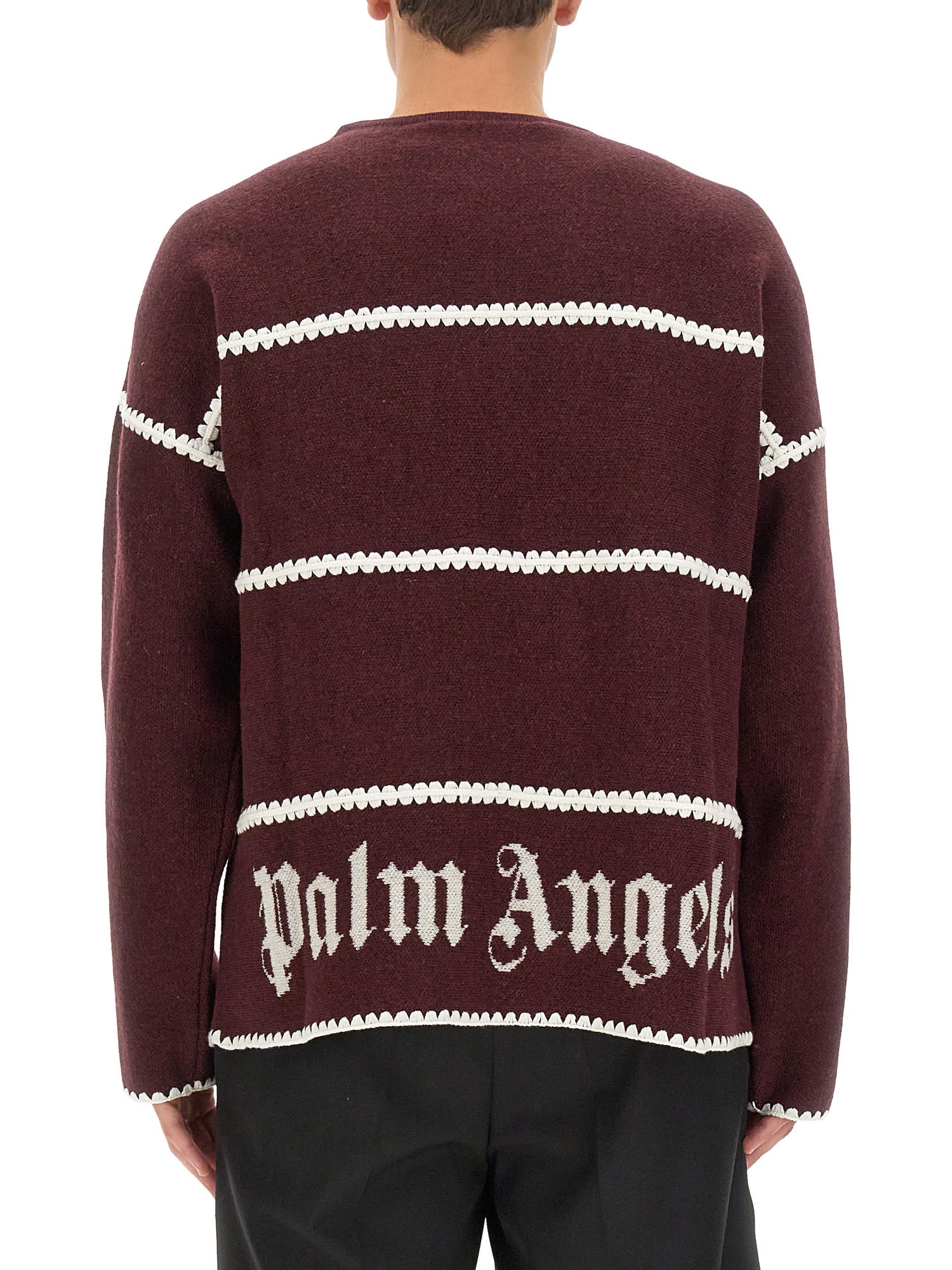 Palm Angels Embroidered-monogram Striped Jumper In Bordeaux