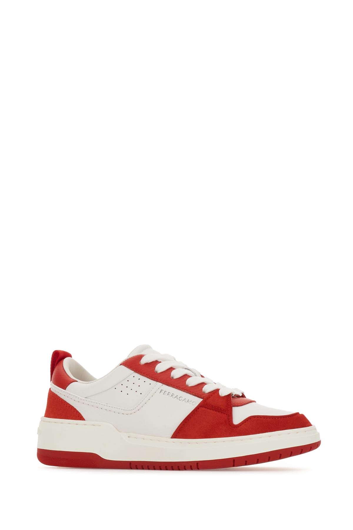 Ferragamo Leather And Suede Sneakers With Contrast Panels In Flame Red
