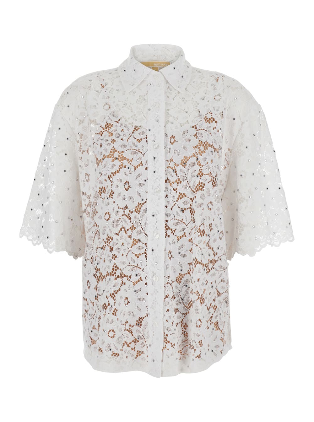 White Beaded Shirt With All-over Floral Embroidery In Tech Fabric Woman