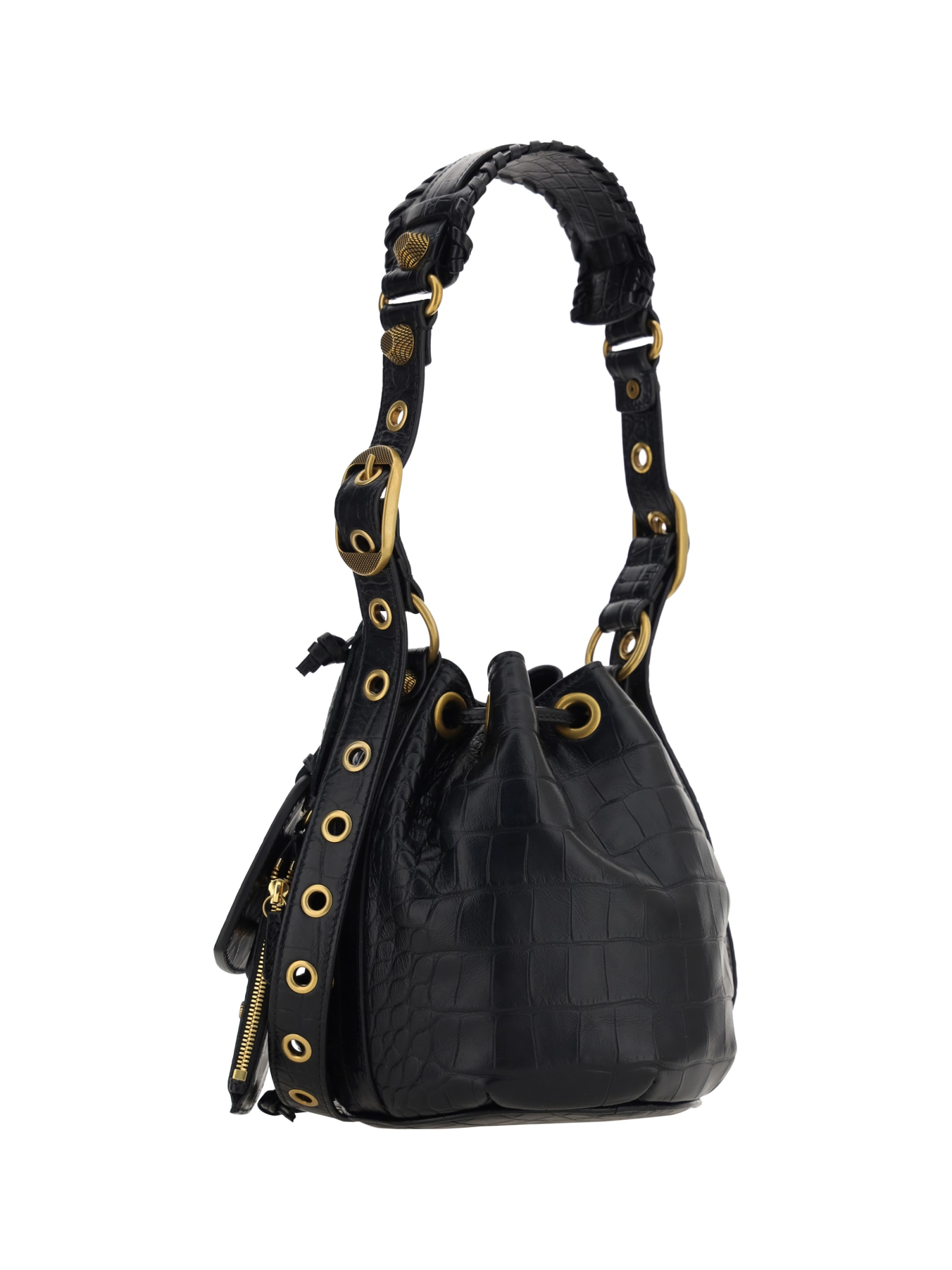 Balenciaga ‘le Cagole Xs' Strass Studded Croc-effect Leather Bucket Bag In Black