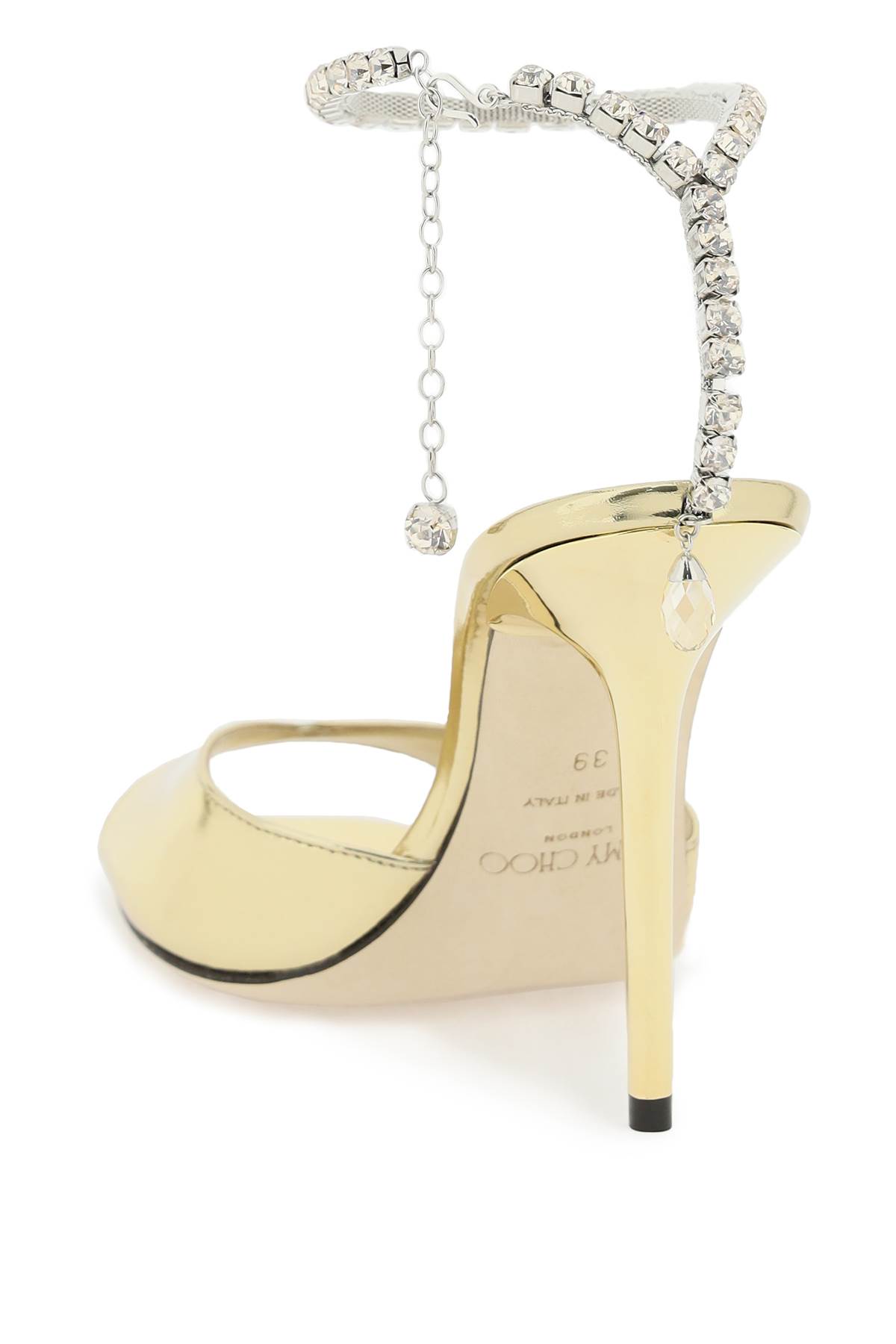 Shop Jimmy Choo Patent Leather Saeda Sandals In Gold Crystal Honey (gold)