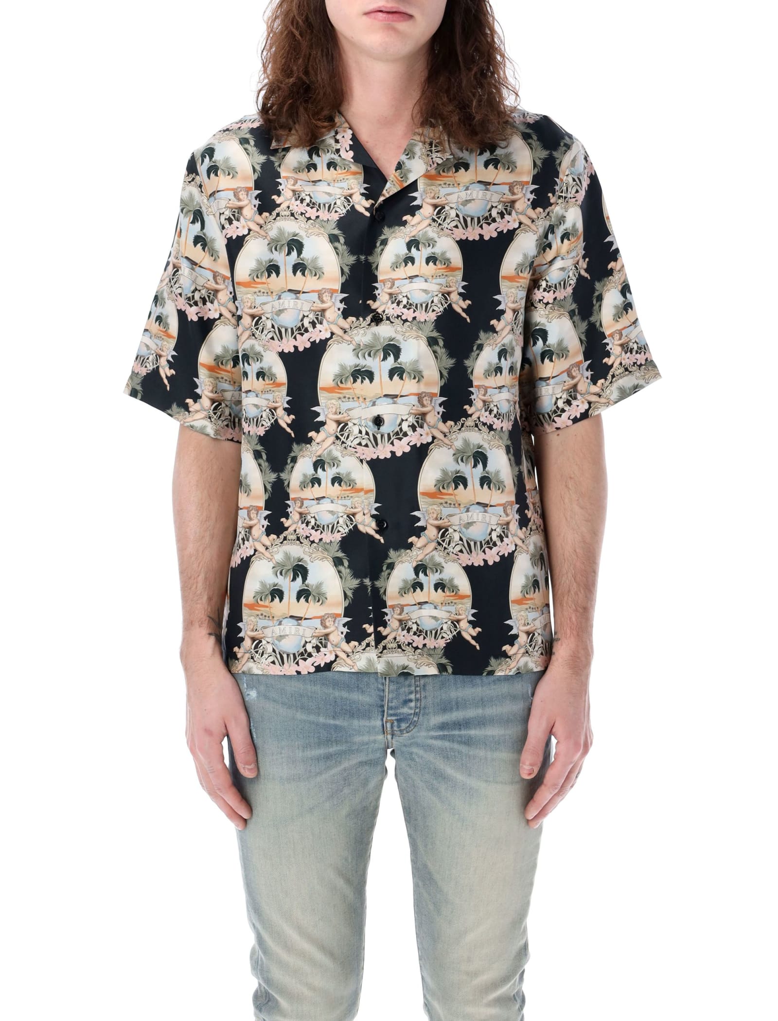Shop Amiri All Over Palm Bowling Shirt In Black Multicolor