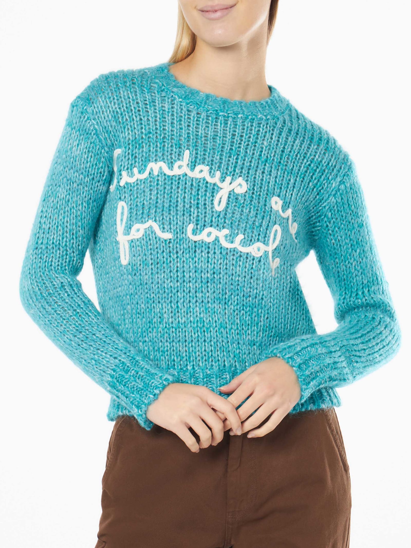 Shop Mc2 Saint Barth Woman Crewneck Soft Crop Sweater With Sundays Are For Coccole Embroidery In Sky