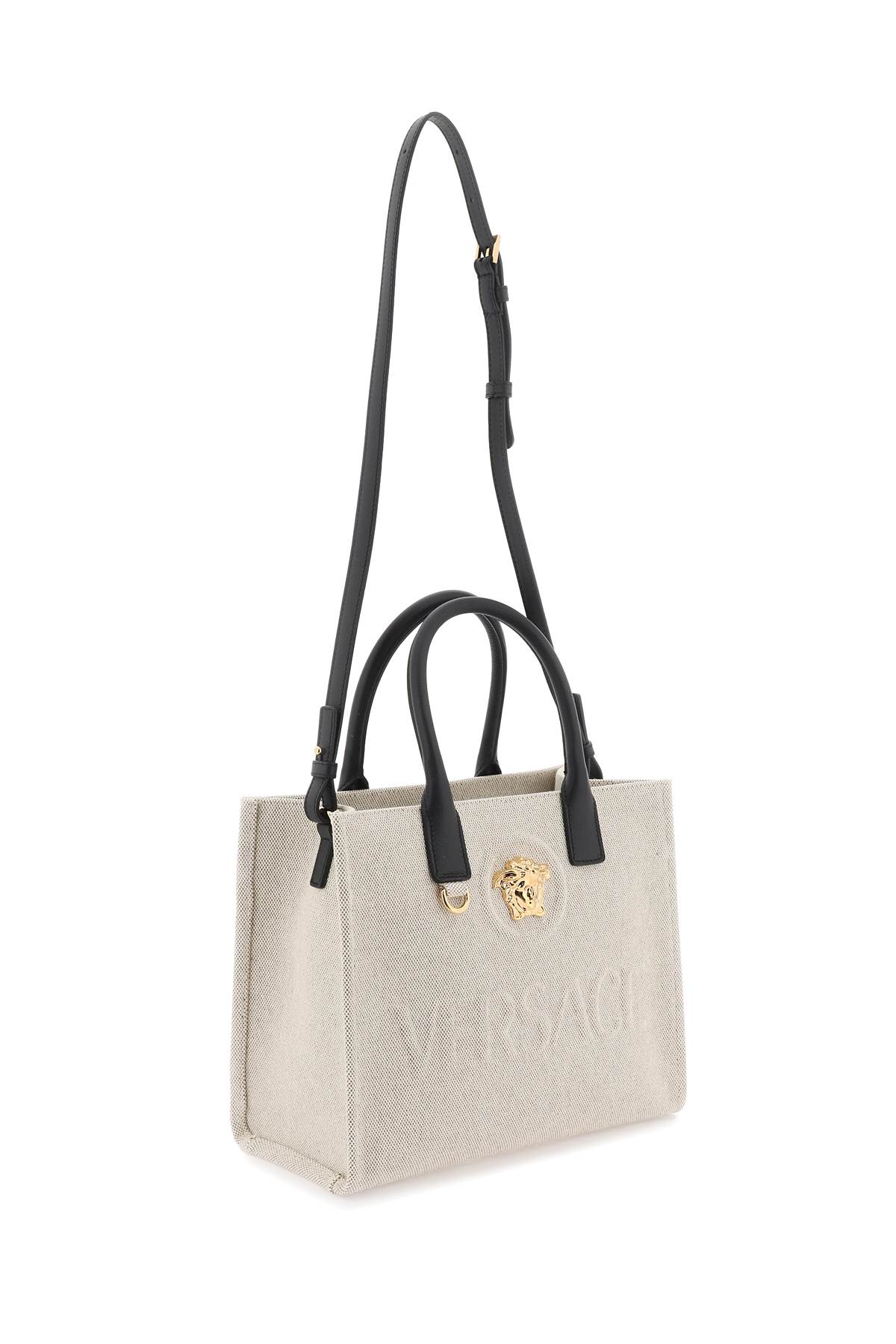 Versace Canvas La Medusa Small Tote Bag In Rope Black Gold (beige)