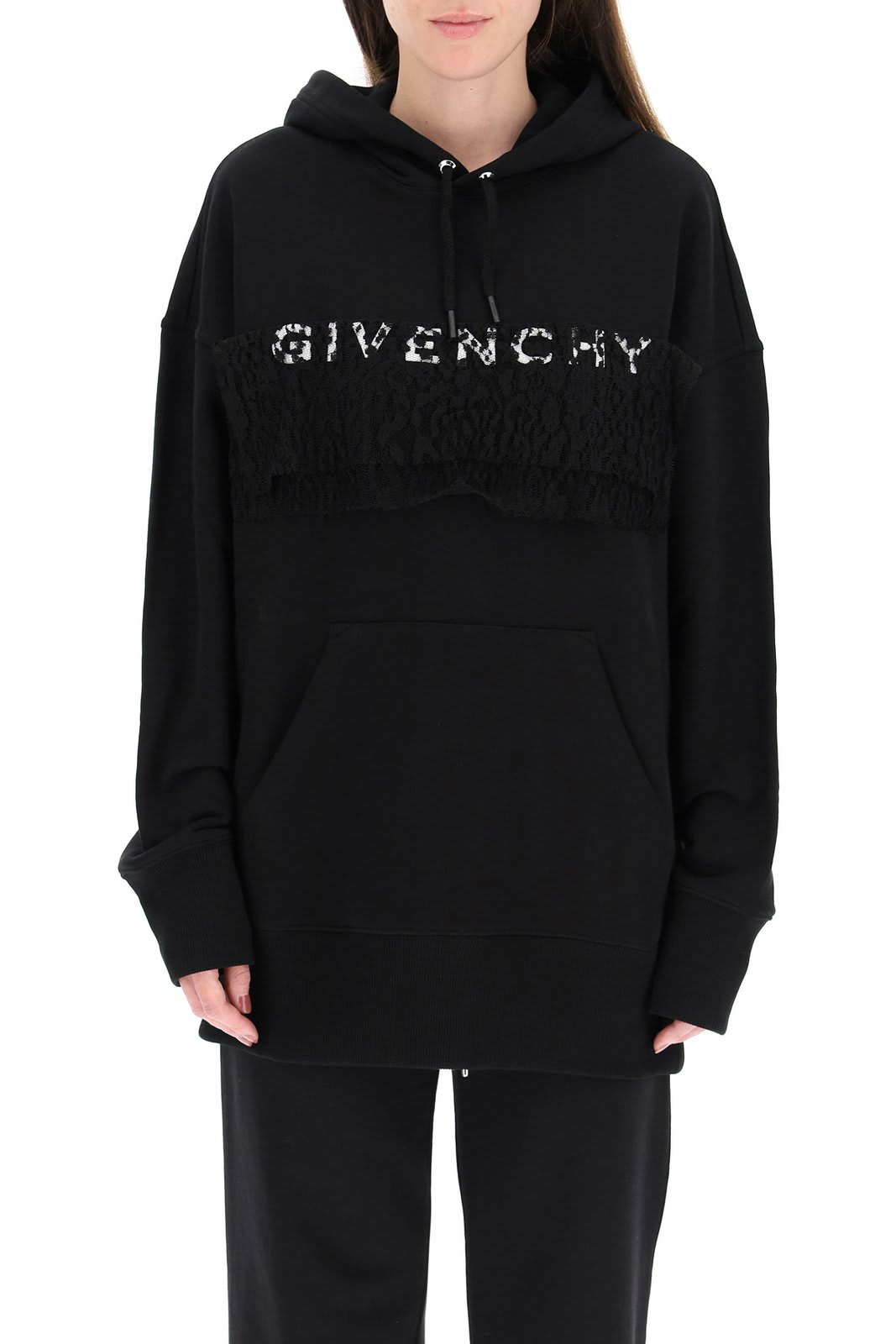 Shop Givenchy Lace Panel Oversized Hoodie In Black