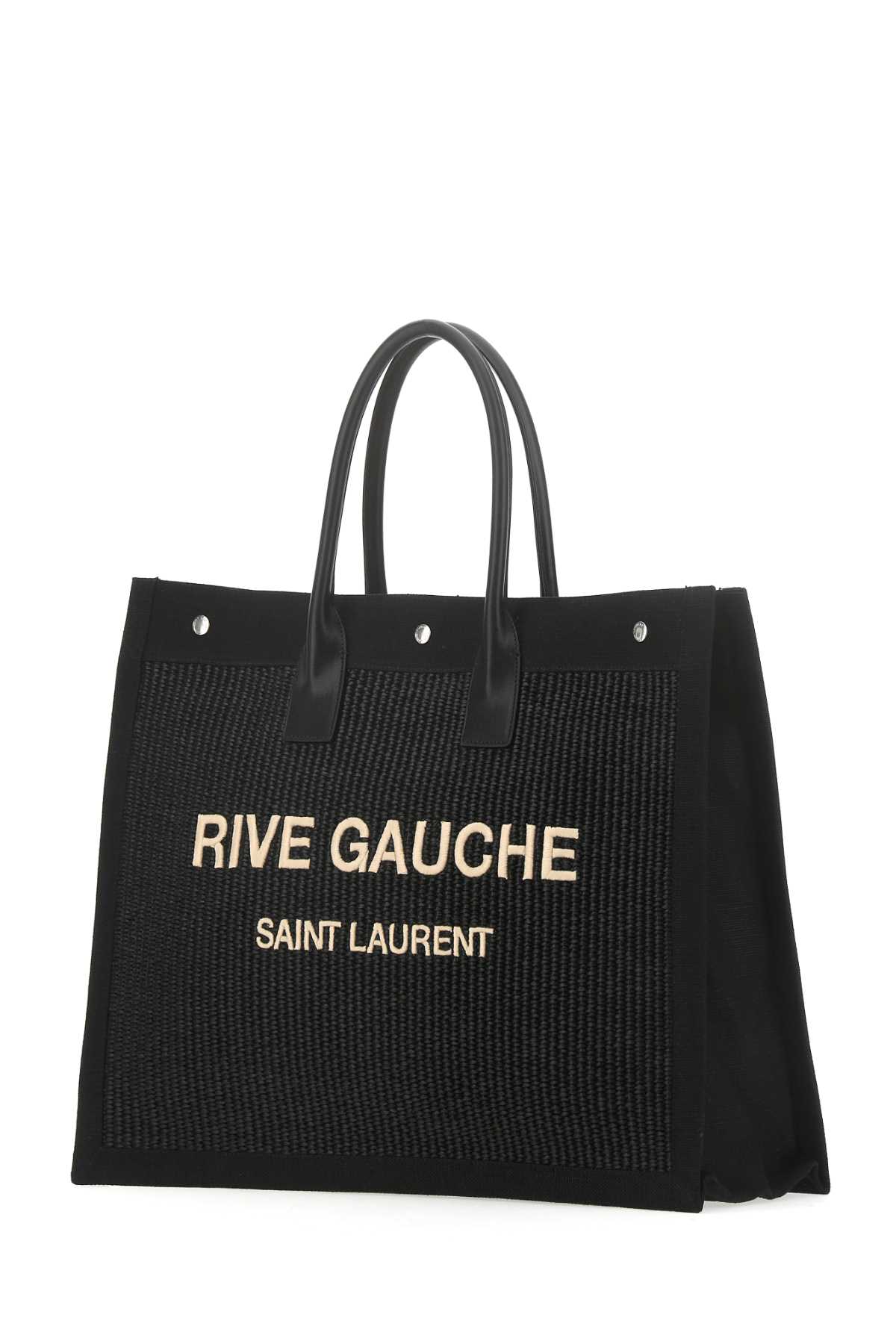 Shop Saint Laurent Black Rafia And Canvas Rive Gauche Shopping Bag In 1050