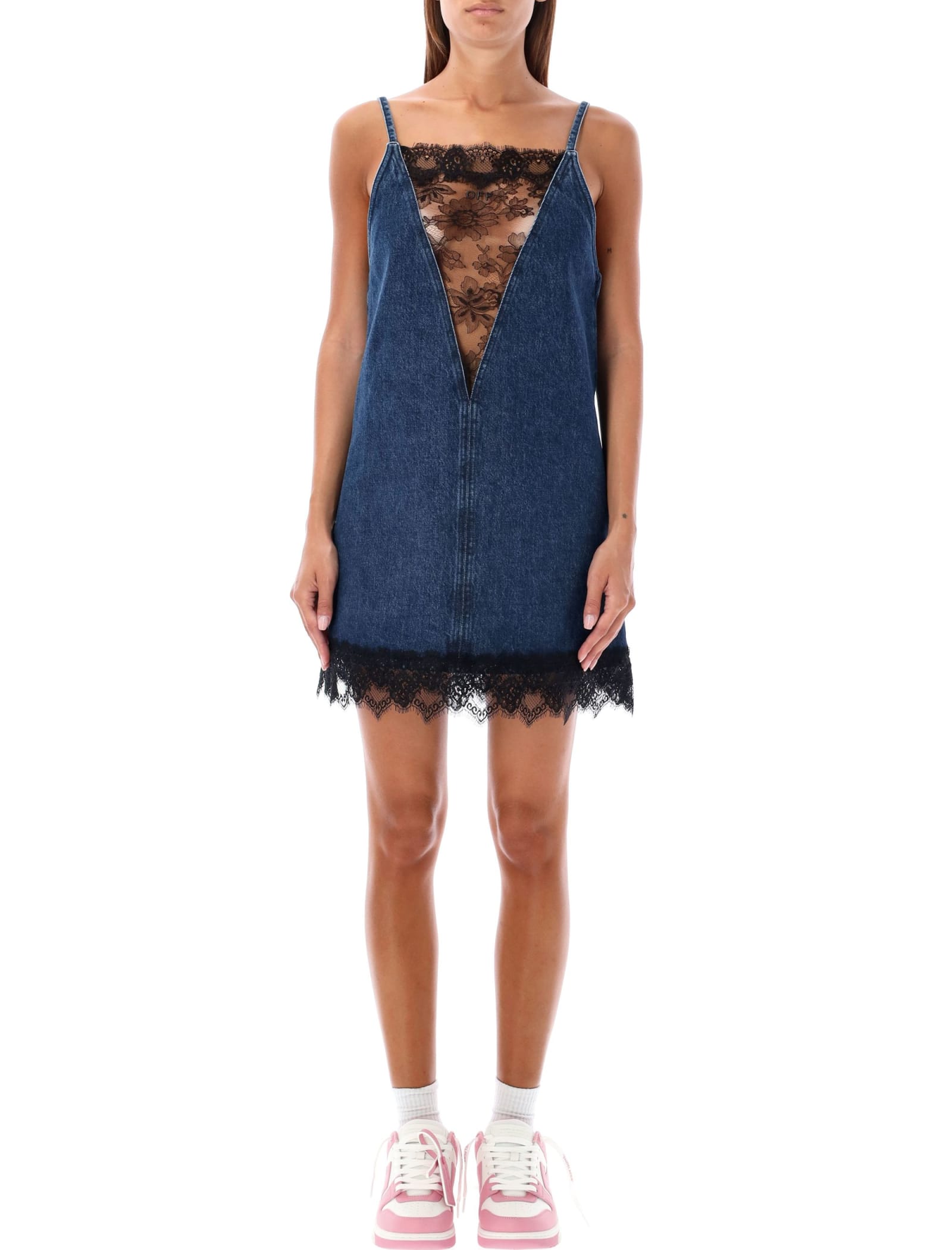 Shop Off-white Lace Detail Mini Dress In Deep Blue