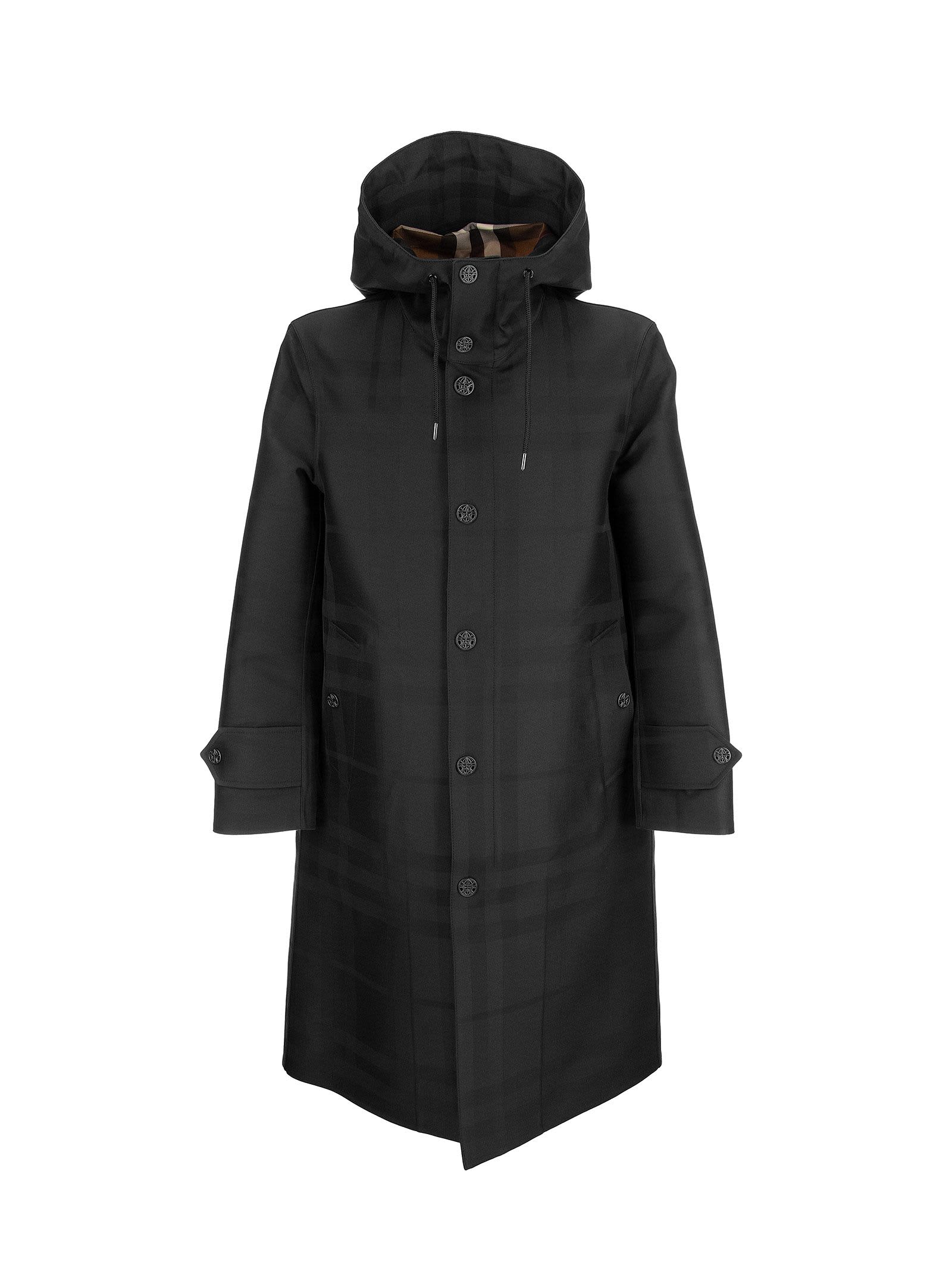 Burberry Globe Graphic Detail Check Technical Cotton Coat Witham Black