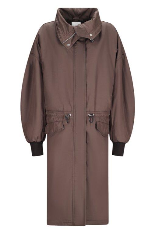 Attico Long Coat With High Collar And Drawstring Waist In Brown