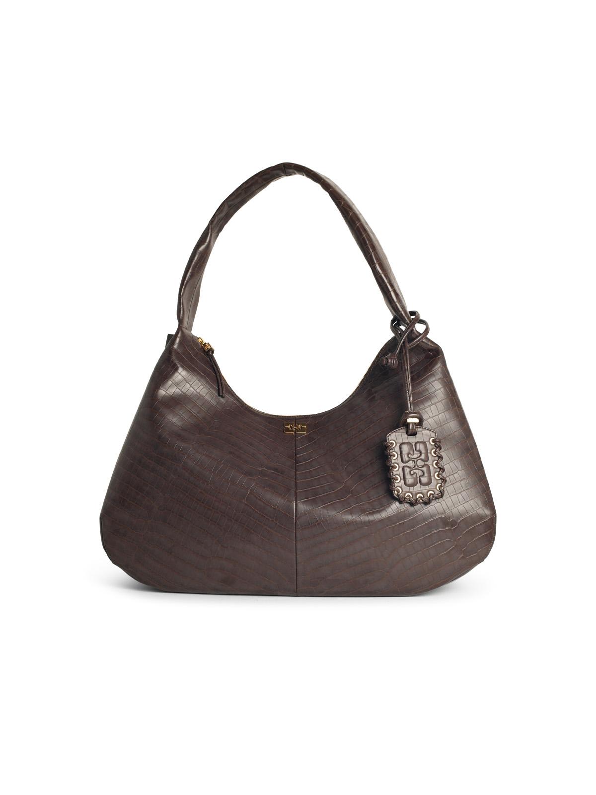 Ganni Crocodile-embossed Shoulder Bag In Brown